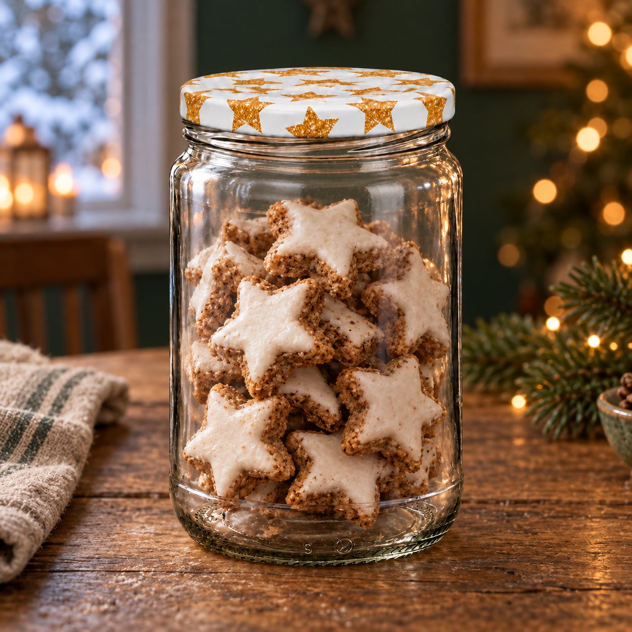 Glas mit Weihnachtsmotivdeckel – Sterne580, Glasgefäß, Schraubdeckel, Weihnachtsplätzchen, Sternform, goldenes Muster