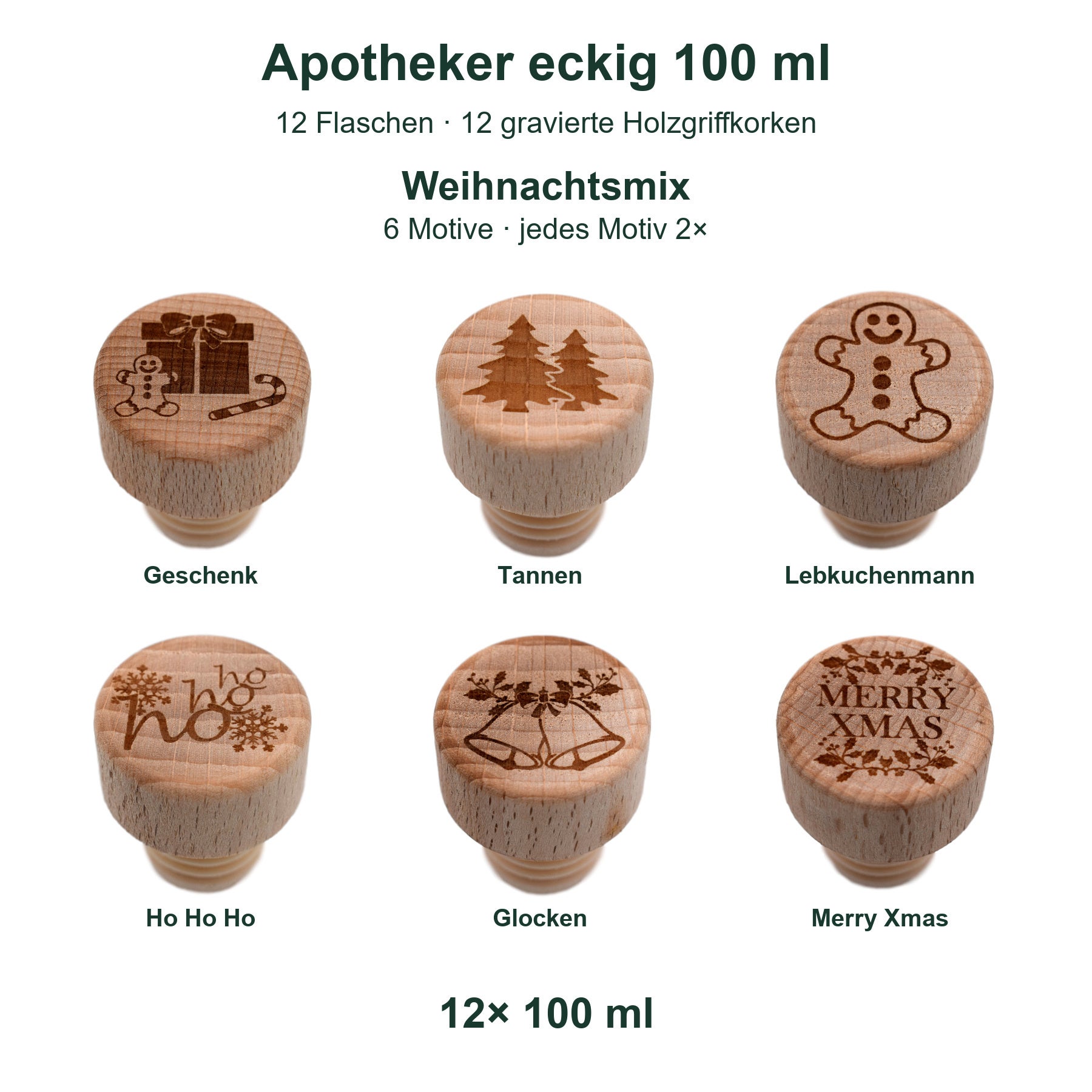 Lieferumfang 12 Flaschen Apotheker eckig 100 ml mit 12 gravierten Holzgriffkorken und Originalmotiven des Weihnachtsmix., Holzknopf, Weihnachtsmotiv, Giftset, Holzring, Stampi