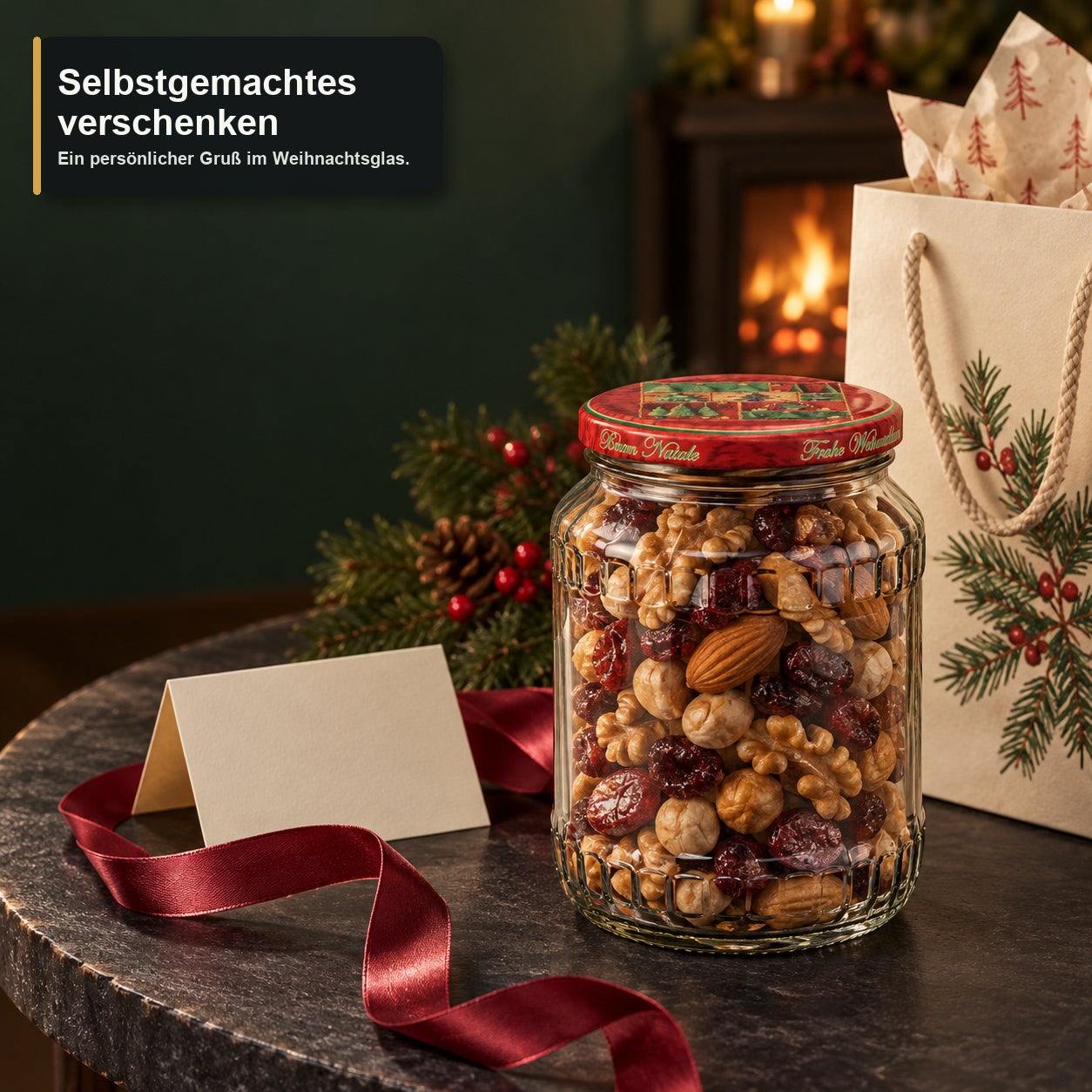 Glas mit Weihnachtsmotivdeckel – Tanne720, Weihnachtsglas, Nussmischung, Trockenfrüchte, Glasgefäß, roter Deckel