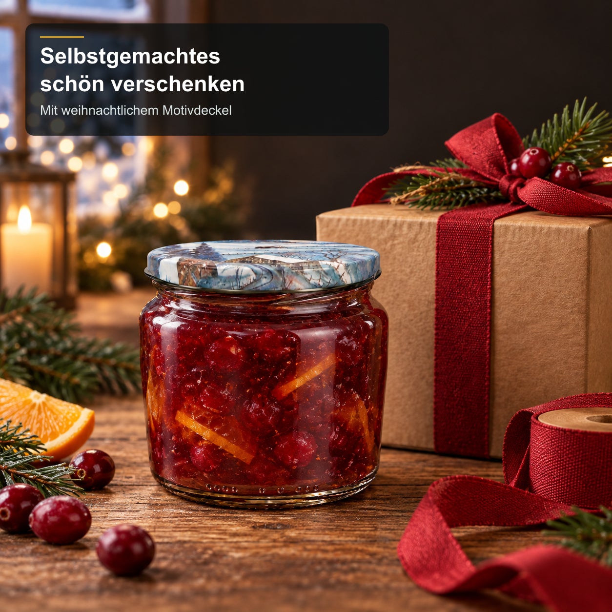 Glas mit Weihnachtsmotivdeckel – Winter360, Marmelade, Glas mit Deckel, Weihnachtsmotiv, Rote Beeren, Selbstgemacht