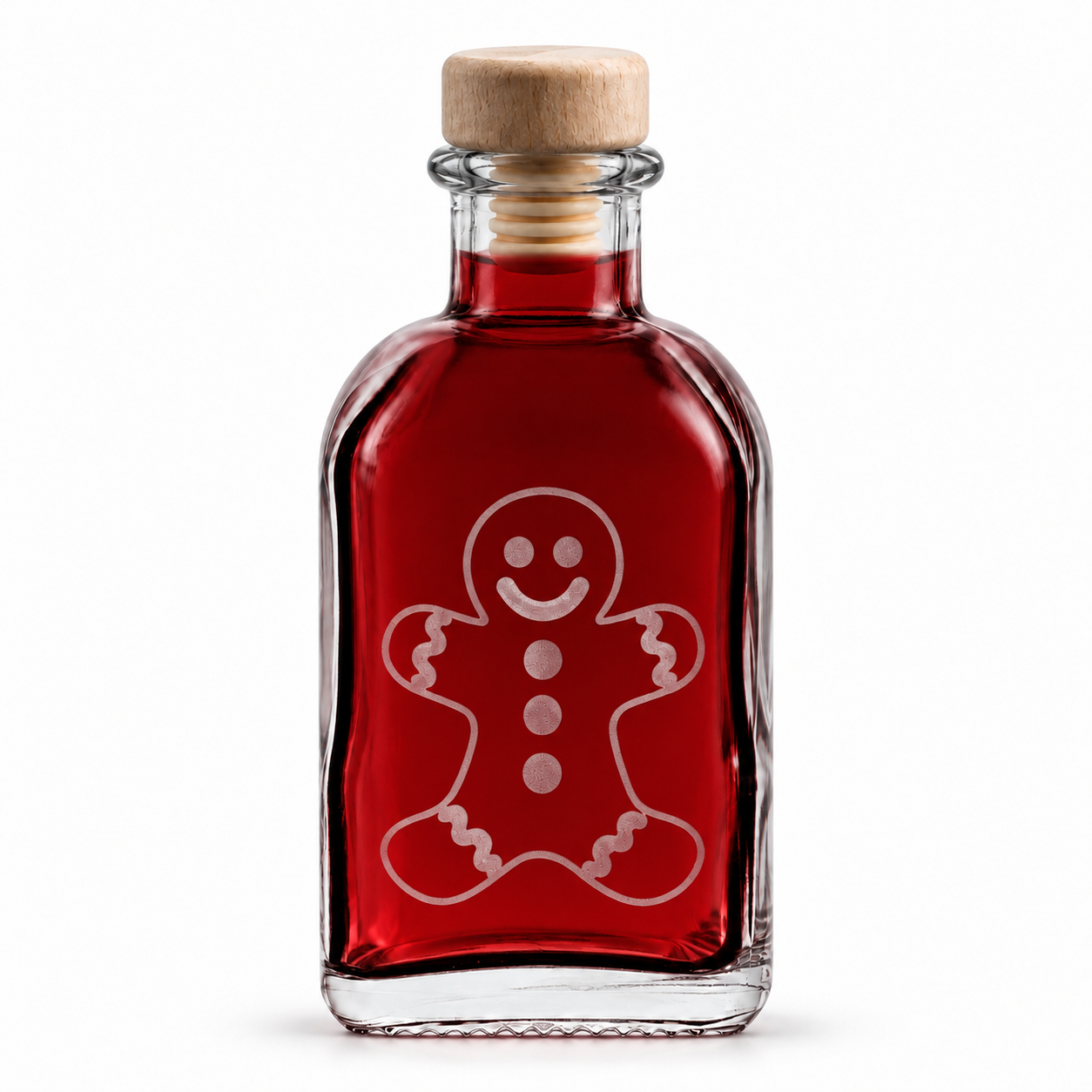 ApothekerQuadrat100 ml · Lebkuchenmann · Motivauswahl und Lieferumfang, Glasflasche, Rotlikör, Lebkuchen, Korkverschluss, Dekoration