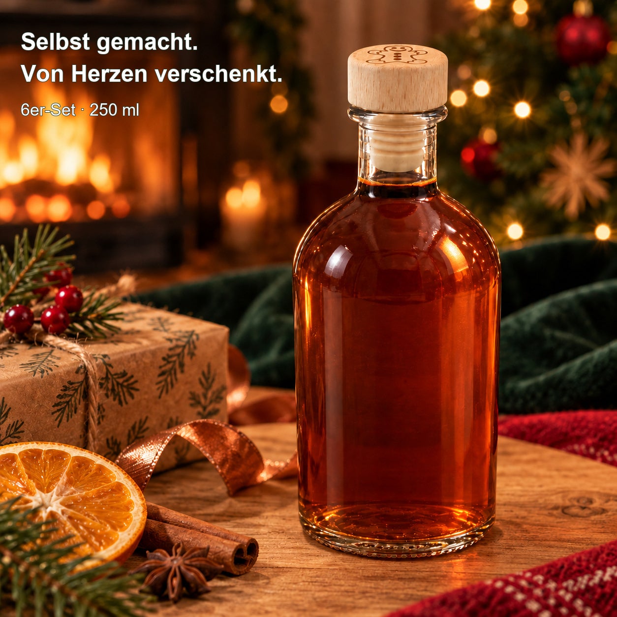 Apotheker 250 ml gefüllt als Geschenk im weihnachtlichen Ambiente mit Baum und Kamin; 6er-Set., Flaschen-Set, Likör, Glasflasche, Korkverschluss, Holzdeckel