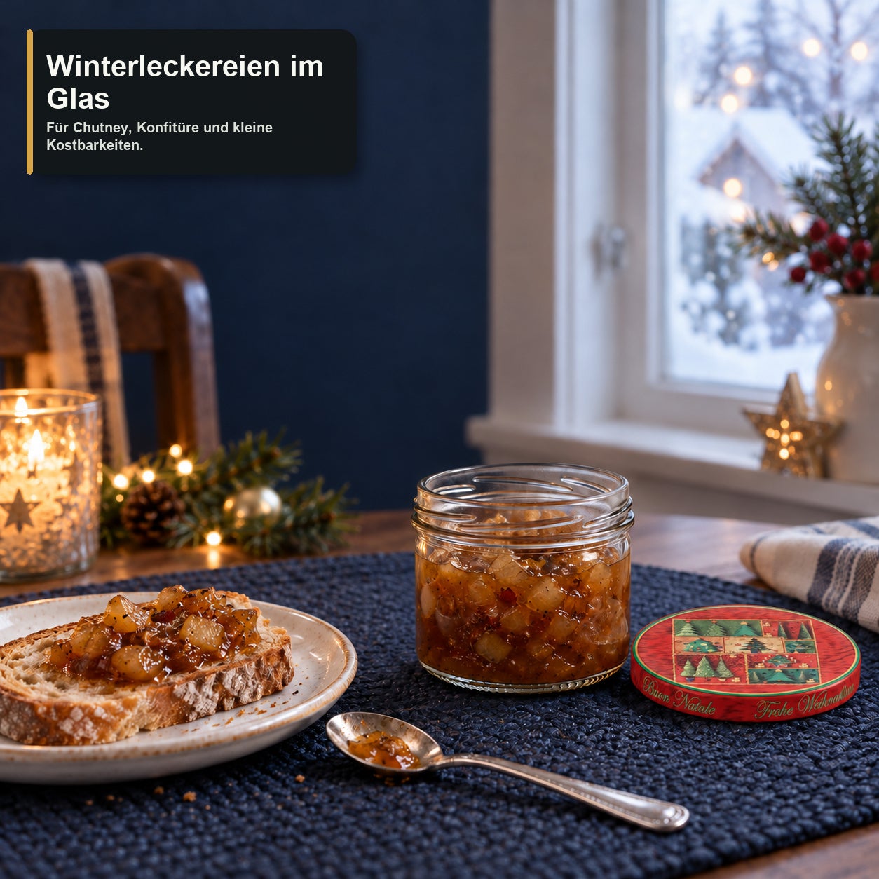 Glas mit Weihnachtsmotivdeckel – Tanne230, Einmachglas, Klarsichtglas, Chutneyglas, Schraubdeckel, Weihnachtsmotiv