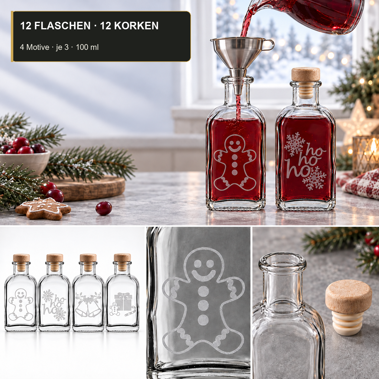 ApothekerQuadrat100 ml · Anwendungsbeispiel, leere Lieferung, weihnachts-glasflaschen, likörflaschen, gläserner deckel, holzstopfen, weihnachtsmotive