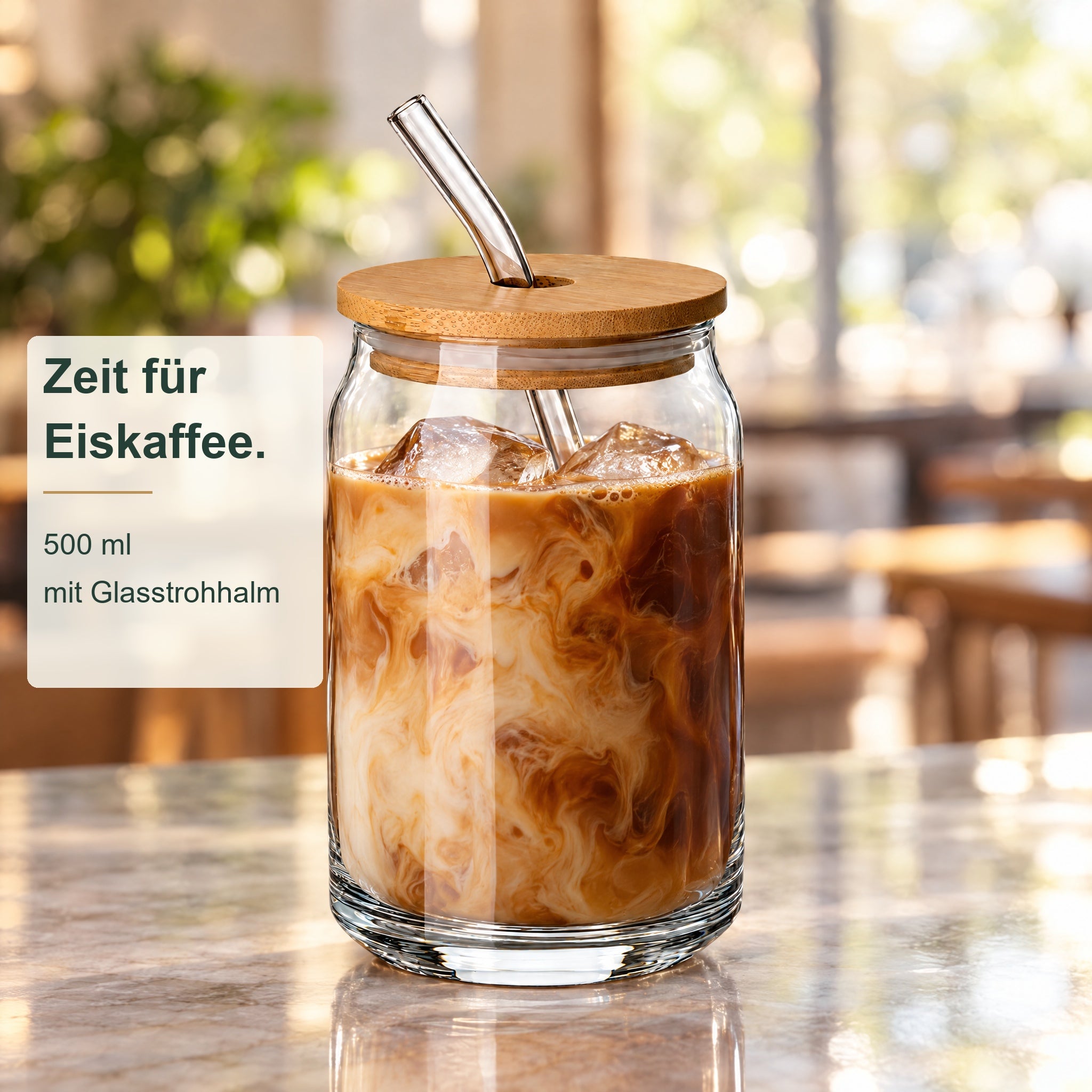 SW10302 – Anwendungsbeispiel; dargestellte Füllung gehört nicht zum Lieferumfang, Trinkglas, Glasstrohhalm, Bambusdeckel, 500 ml, transparentes Glas