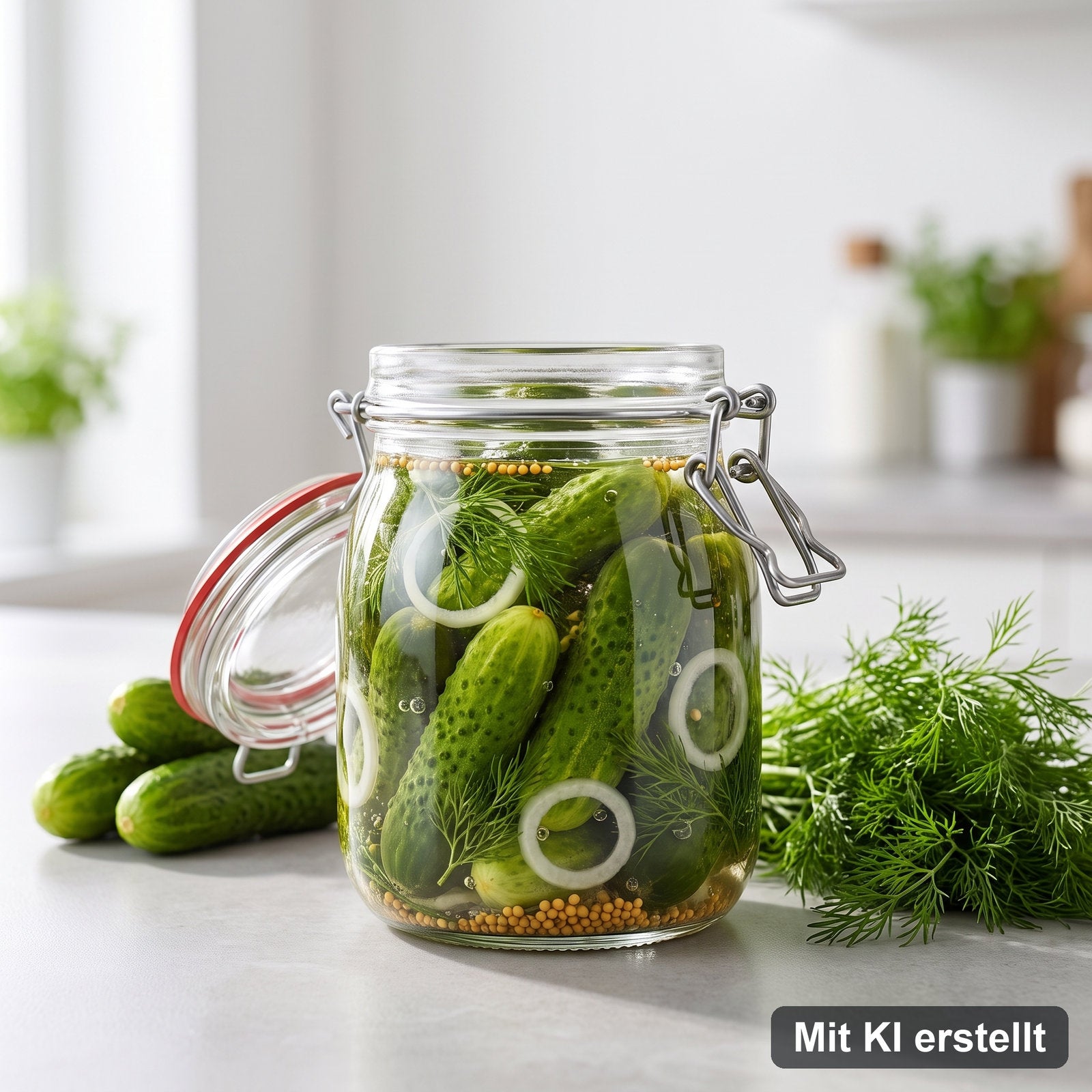 Eingelegte Gewürzgurken im Vorratsglas – mit KI erstellt