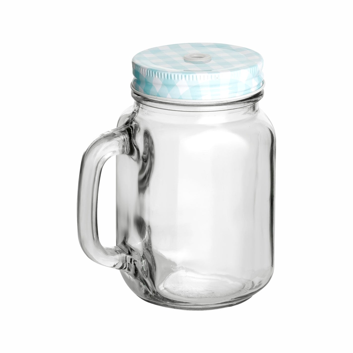 450 ml Trinkglas mit Henkel mit Verschluss SV 70 Trinkhalmdeckel Blau Kariert und Strohhalm Einmachglas, Glas, Getränk, Milch