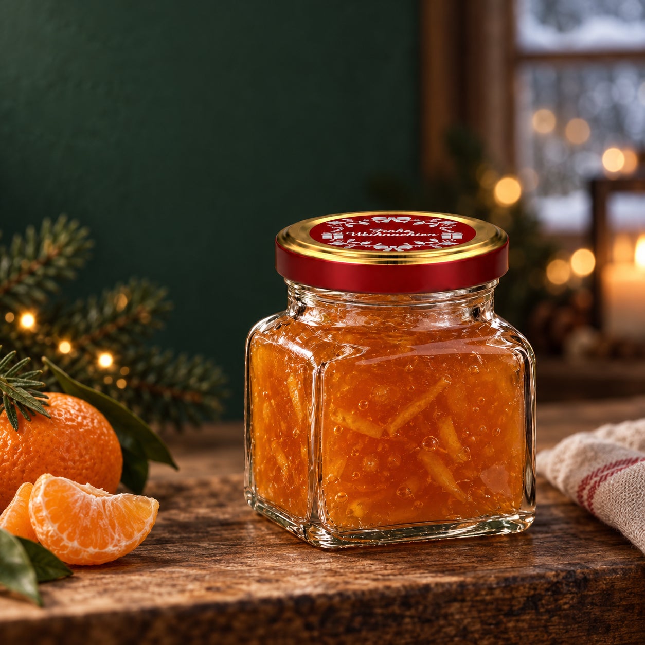 Glas mit Weihnachtsmotivdeckel – RG120, Mandarinenmarmelade, Glas mit Schraubdeckel, rote Deckelfarbe, Fruchtstücke