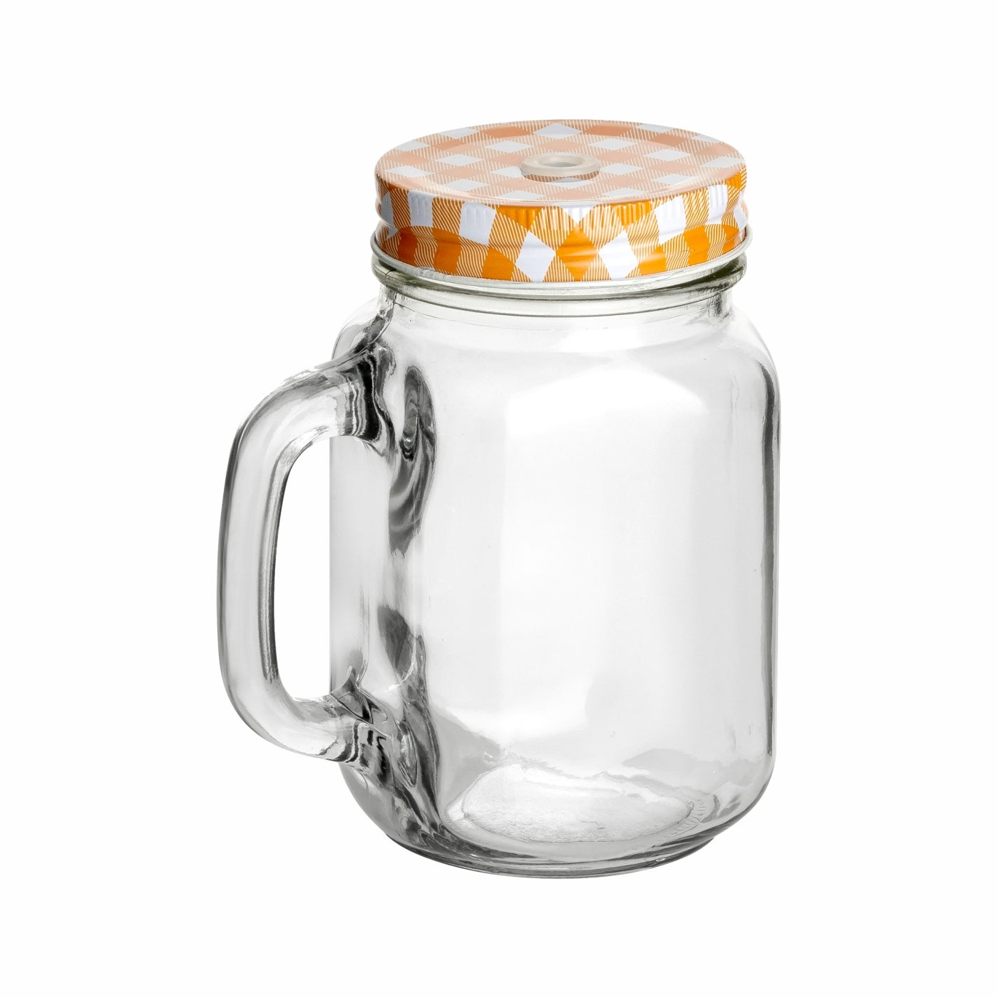 450 ml Trinkglas mit Henkel mit Verschluss SV 70 Trinkhalmdeckel Orange Kariert und Strohhalm Einmachglas