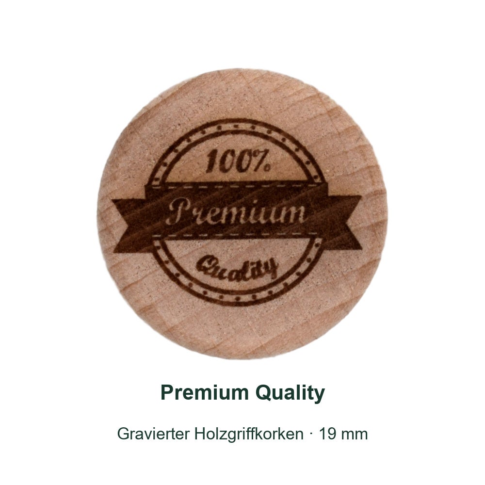 Gravurmotiv Premium Quality auf dem naturfarbenen Holzgriff