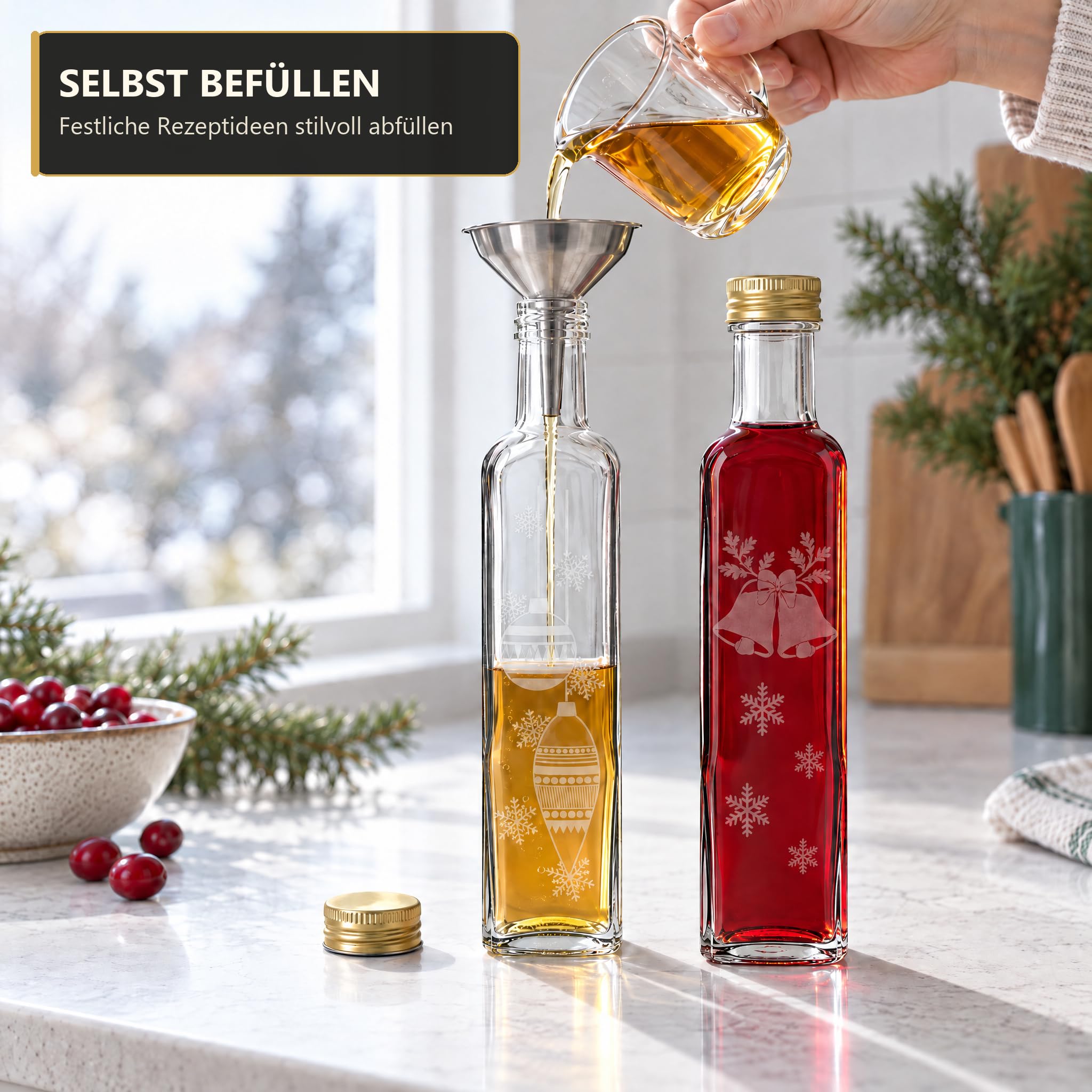 Maraska250 ml · Gold-Ausführung · Anwendungsbeispiel, leere Lieferung, Glasflasche, Ölflasche, Deckelgold, Weinrot, Küchenzubehör