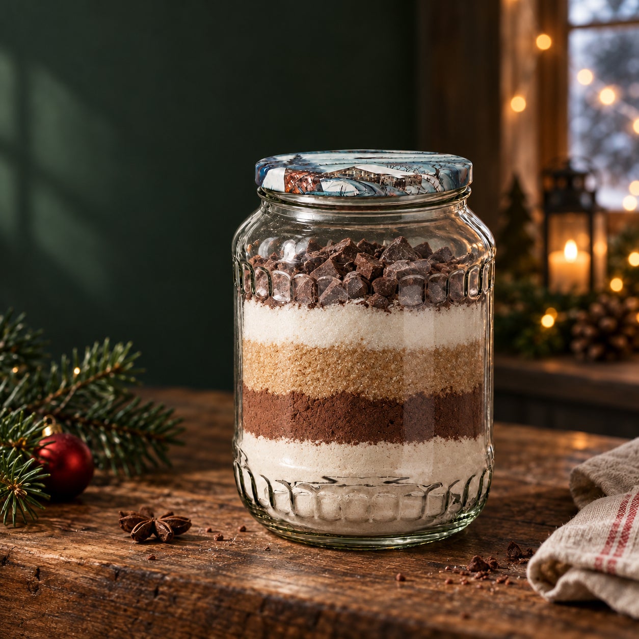 Glas mit Weihnachtsmotivdeckel – Winter720, Vorratsglas, Glas mit Deckel, Backmischung im Glas, geschichtete Zutaten, transparentes Glas