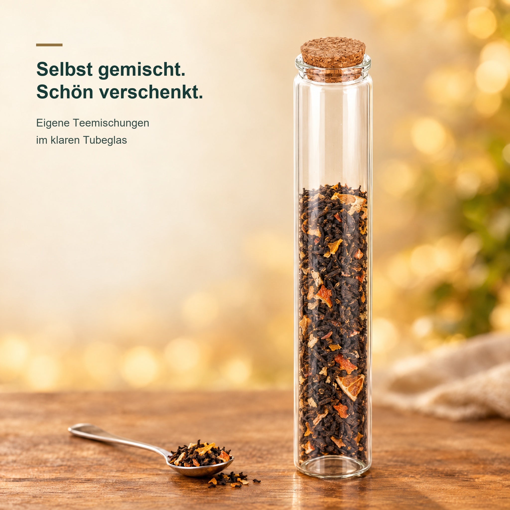 SW10145 – Anwendungsbeispiel; dargestellte Füllung gehört nicht zum Lieferumfang, Teeglas, Klarglas, Korkverschluss, Tee-Probierglas, Zylinderform