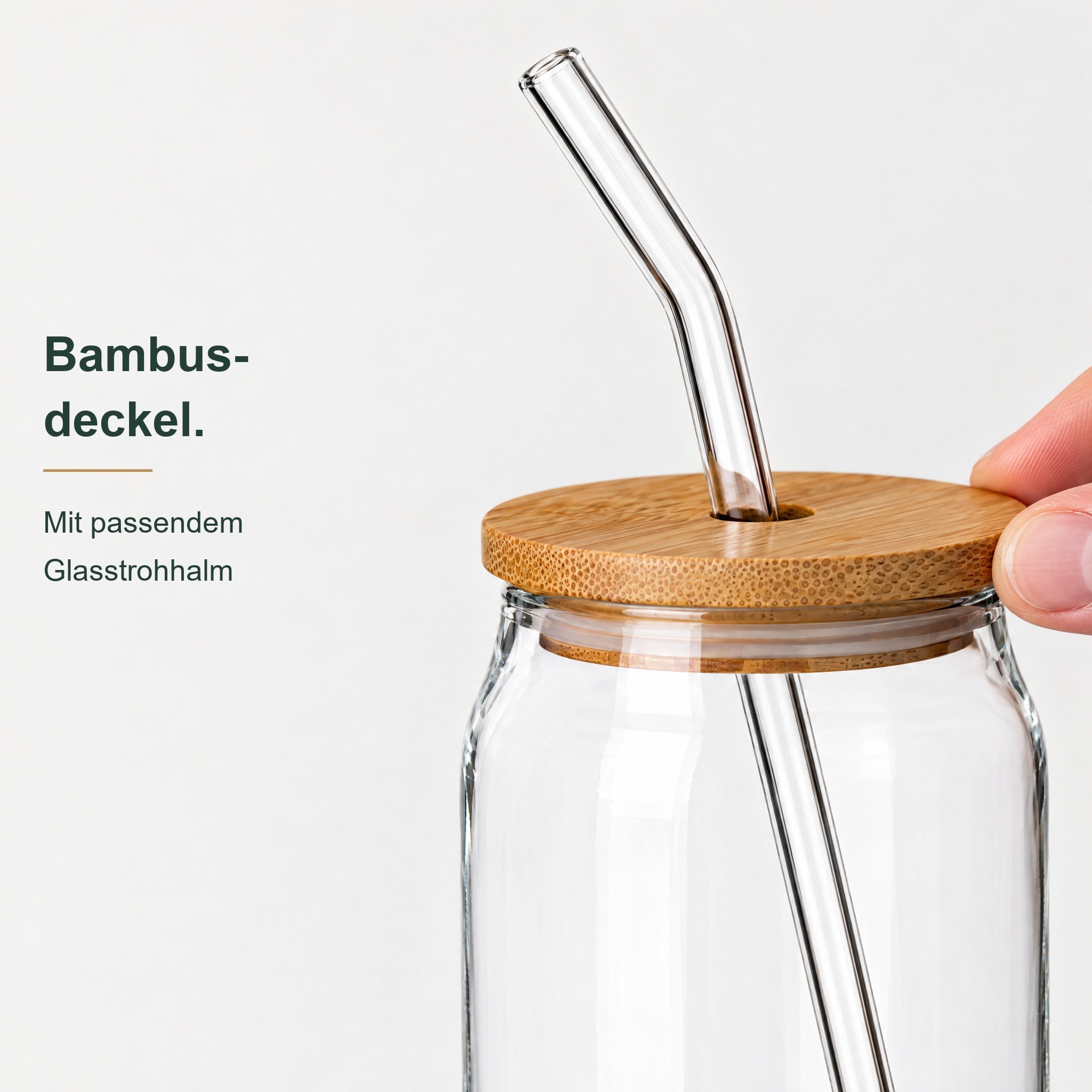 SW10301 – Produkt- und Verschlussansicht, Trinkglas, Bambusdeckel, Glastrinkhalm, Transparentes Glas