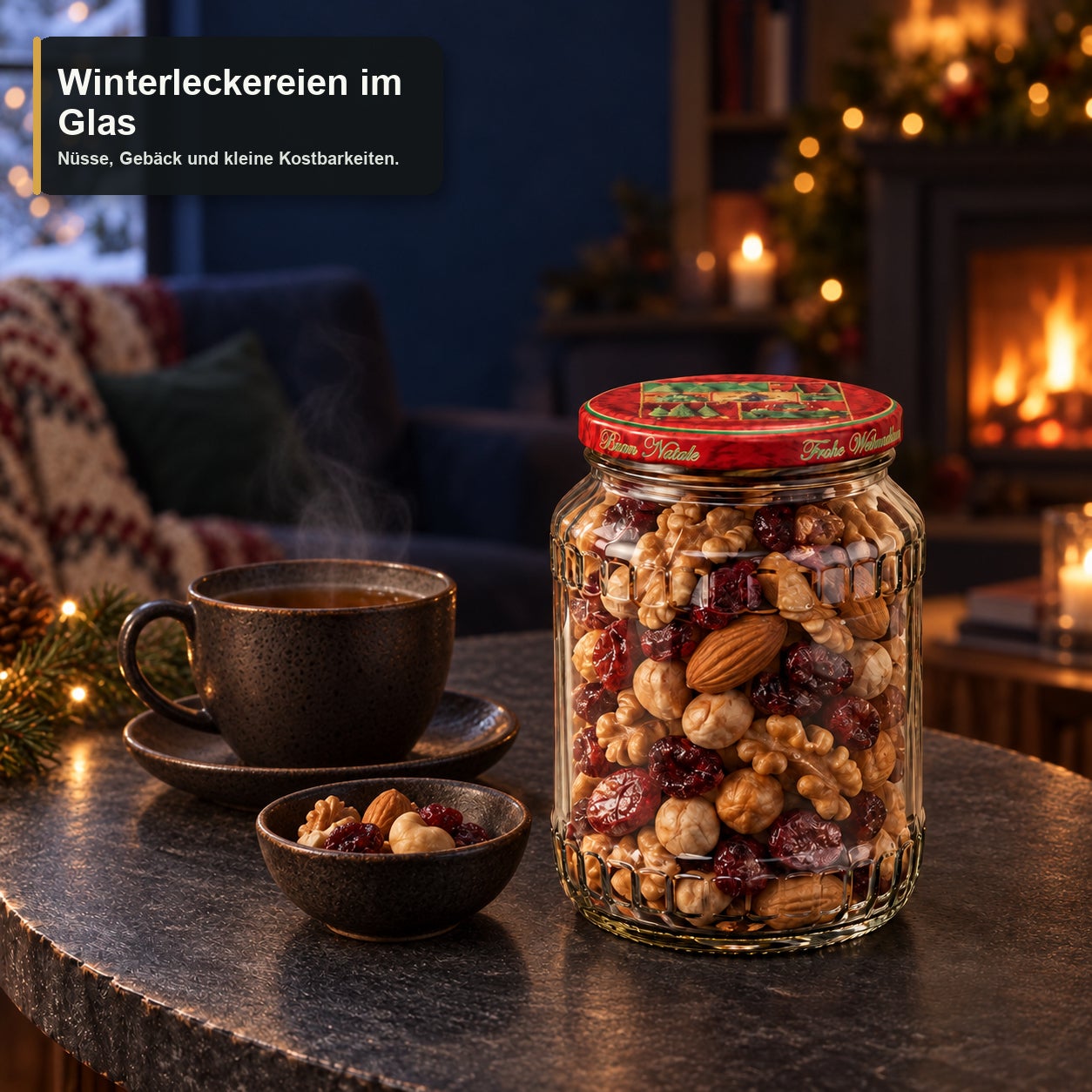 Glas mit Weihnachtsmotivdeckel – Tanne720, Nussmischung, Trockenfrüchte, Glas mit Schraubdeckel, Roter Deckel, Weihnachtsmotiv
