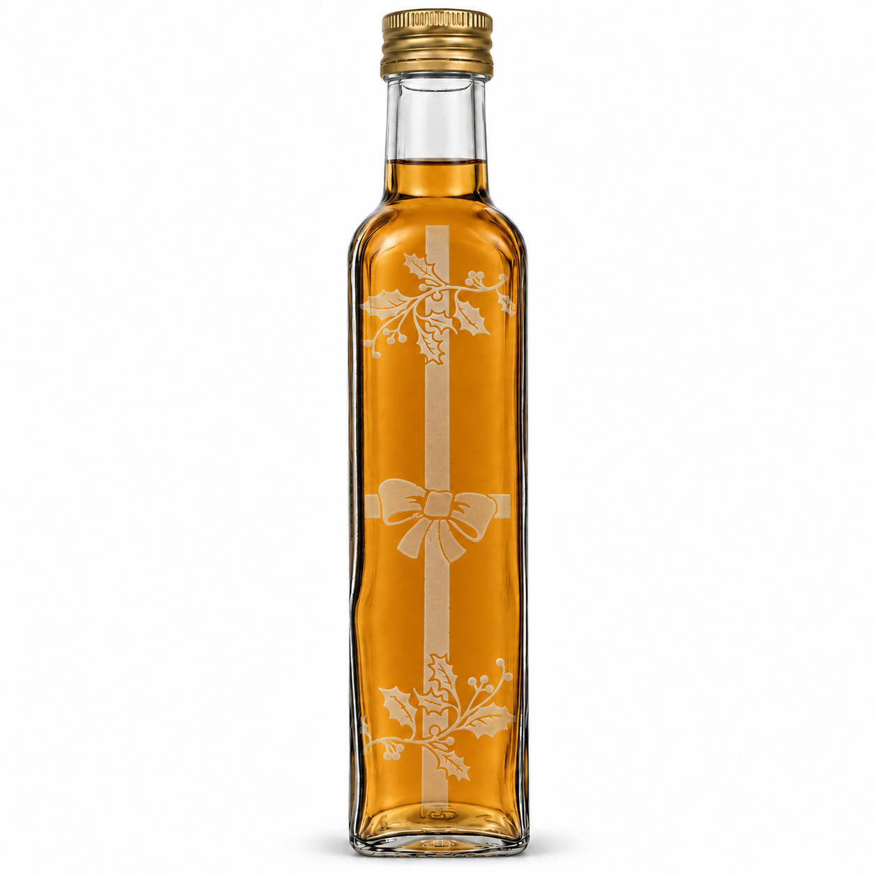 Maraska250 ml · Gold-Ausführung · Geschenk · Motivauswahl und Lieferumfang, Glassflasche, Bernsteinfarbene Flüssigkeit, Dekoratives Muster, Weihnachtsband, Schleifen-Muster