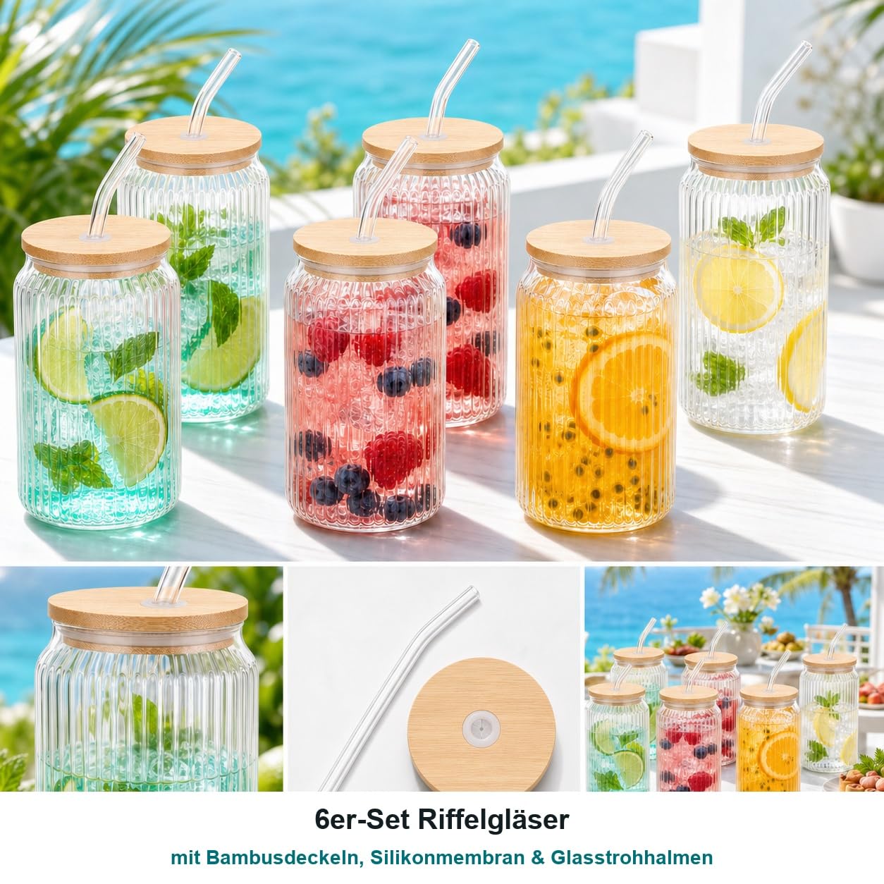 Gläser, Trinkgläser, Bambusdeckel, Silikonhalm, Fruchtwasser