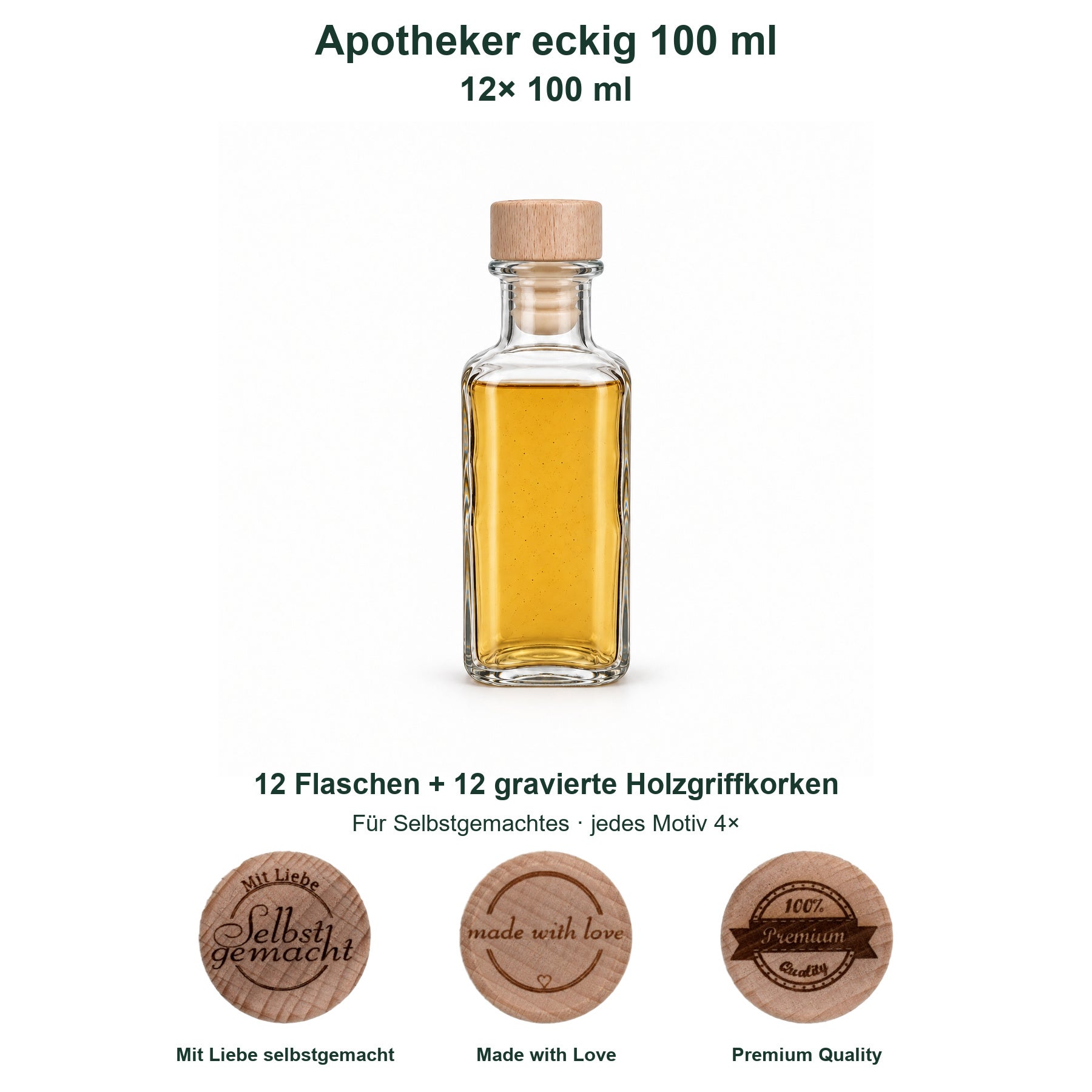 12er-Set Apotheker eckig 100 ml mit gravierten Holzgriffkorken: gefüllte Flasche auf Weiß, Mix für Selbstgemachtes und vollständige Motivverteilung., Flasche, Holzstopfen, Glasbehälter, Ölflasche, 100 ml