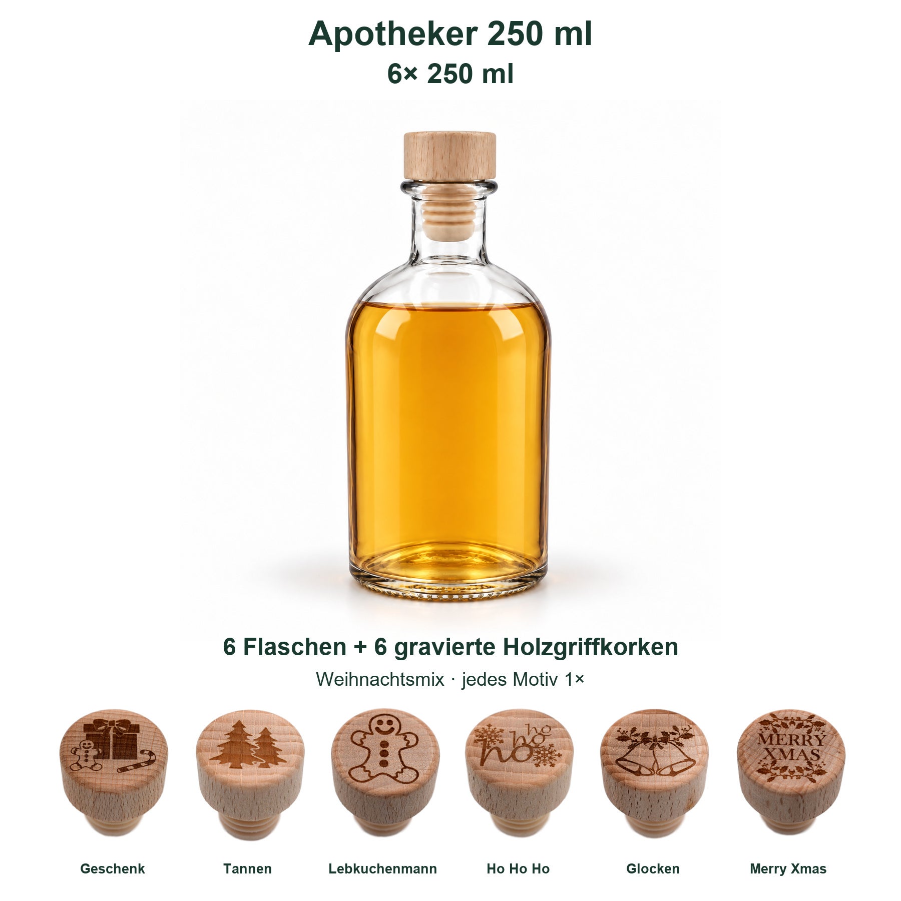 6er-Set Apotheker 250 ml mit gravierten Holzgriffkorken: gefüllte Flasche auf Weiß, Weihnachtsmix und vollständige Motivverteilung.,  Glasflasche,  Bernsteinfarbene Flüssigkeit, Holzstopfen, 250 ml, 6er-Set