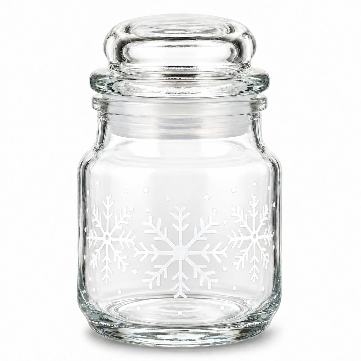 Schneeflockenglas 100 ml mit Glaskorken und weißem Winterdruck