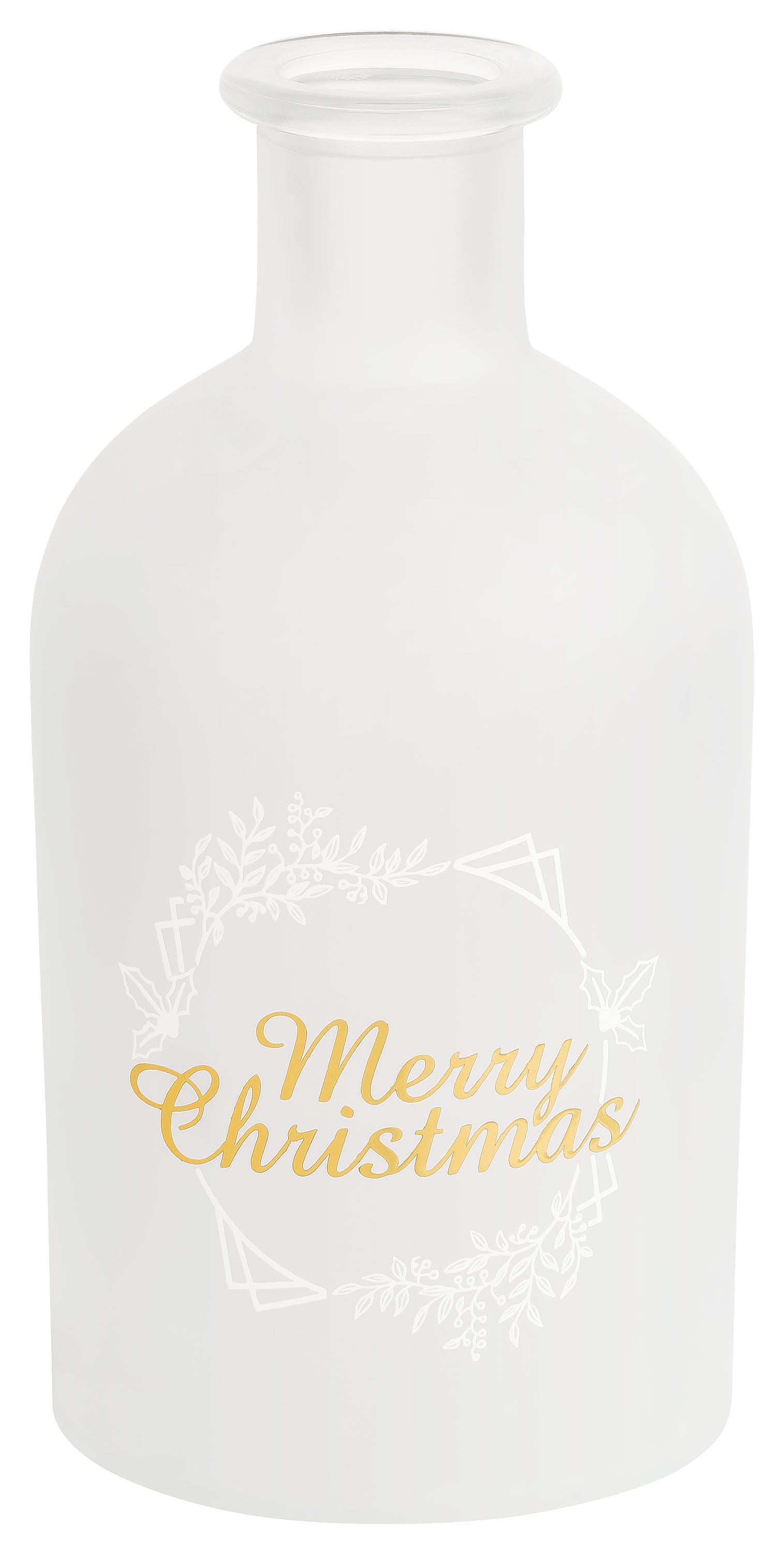 250 ml Apothekerflasche gefrostet "Merry Christmas" in gold mit Weiss-Kranz und Spitzkorken (PEK)