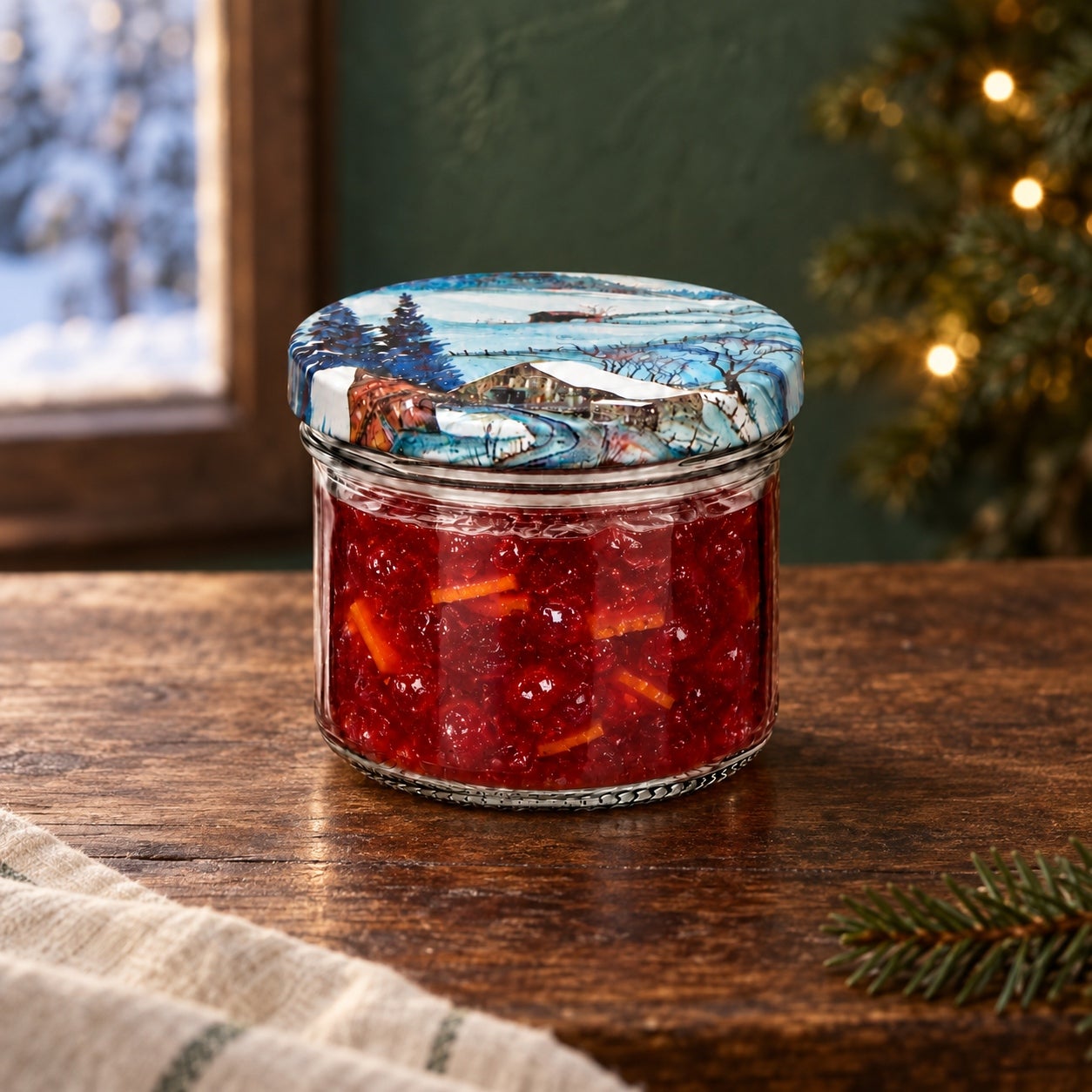 Glas mit Weihnachtsmotivdeckel – Winter230, Einmachglas, Glasbehälter, Dekorierter Deckel, Wintermotiv, Rote Marmelade
