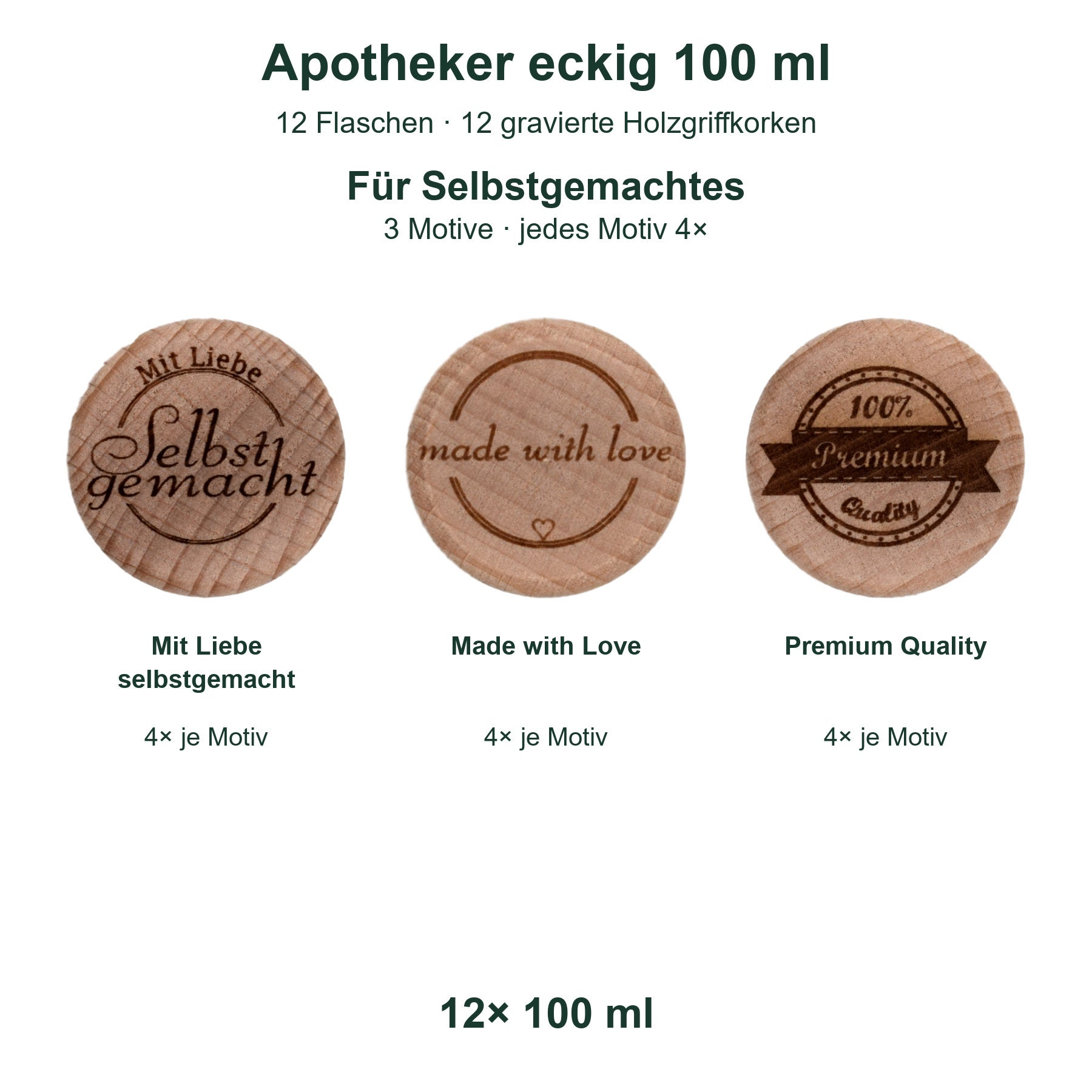 Lieferumfang 12 Flaschen Apotheker eckig 100 ml mit 12 gravierten Holzgriffkorken und Originalmotiven des Mix für Selbstgemachtes., Holzscheiben, Motiv-Set, Selfmade, Korkeindruck, 12x100ml