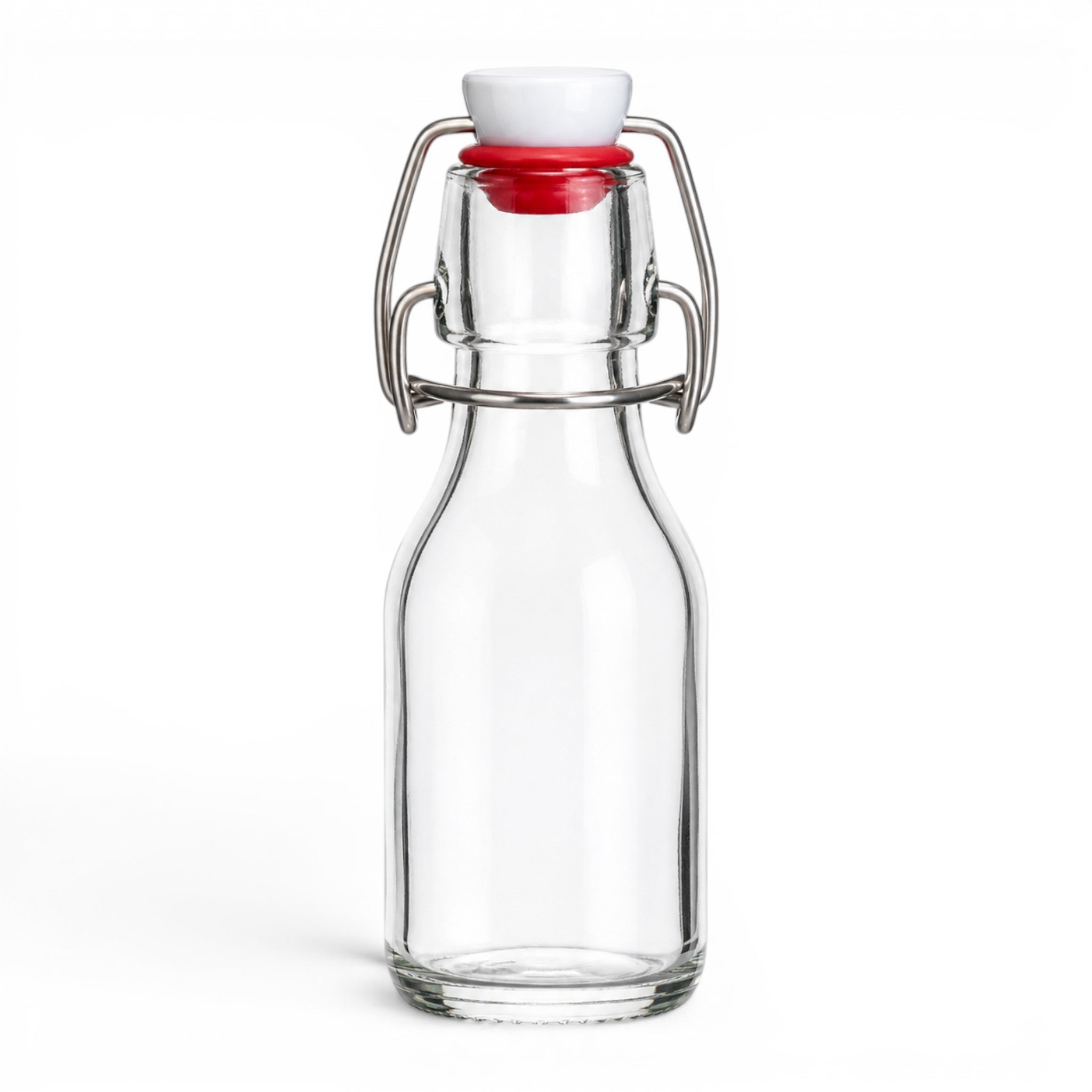 Glasflasche, Glasflasche mit Deckel, Schwenkdeckel, roter Dichtung, transparente Flasche
