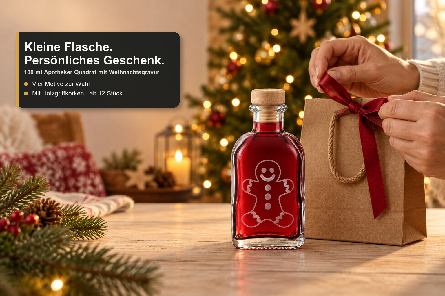ApothekerQuadrat100 ml · Anwendungsbeispiel, leere Lieferung, Flasche, Weihnachts-Grad, Gingerbread Glas, Personalisierter Geschenk, Holzstopper
