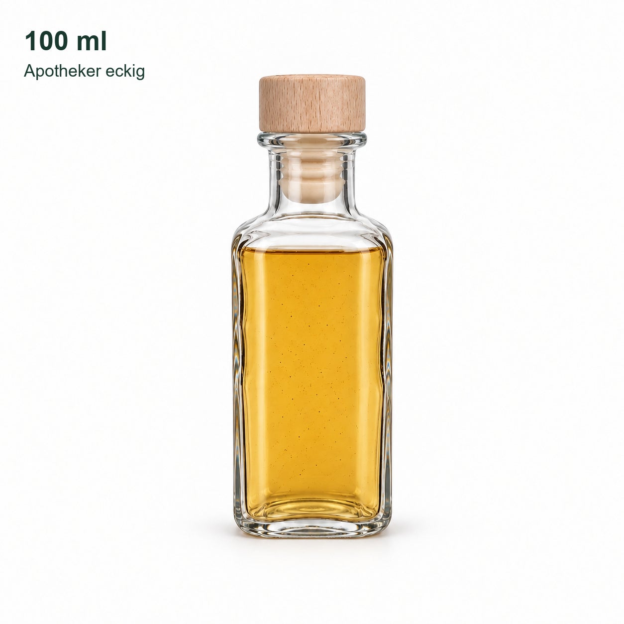 Apotheker eckig 100 ml gefüllt vor weißem Hintergrund mit neutraler seitlicher Verschlussansicht., gläserne flasche, öl, 100 ml, korken, holzstopfen