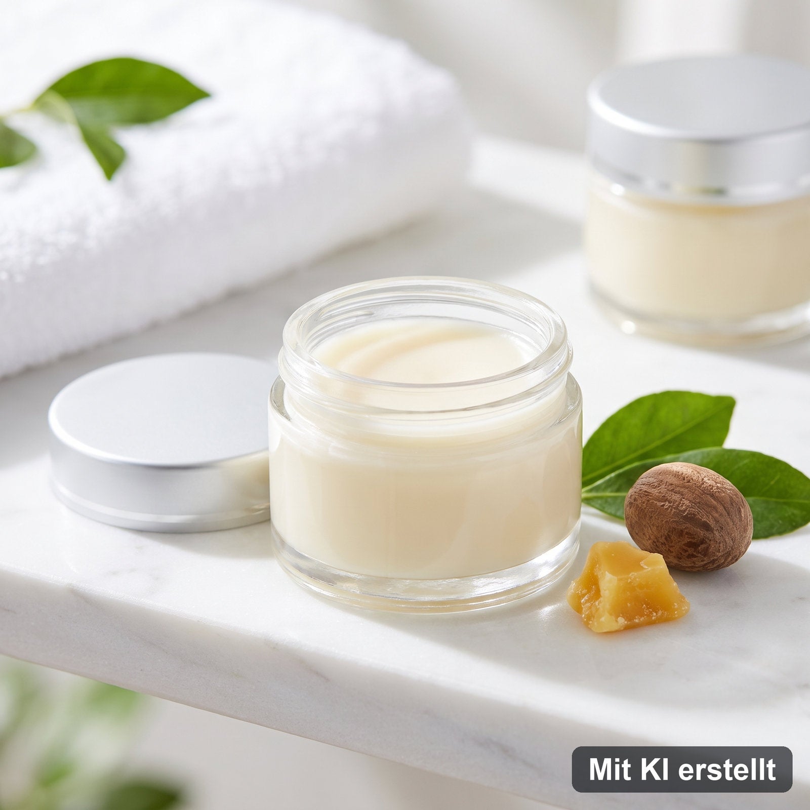 Selbstgerührter Lippenbalsam im Cremetiegel – mit KI erstellt