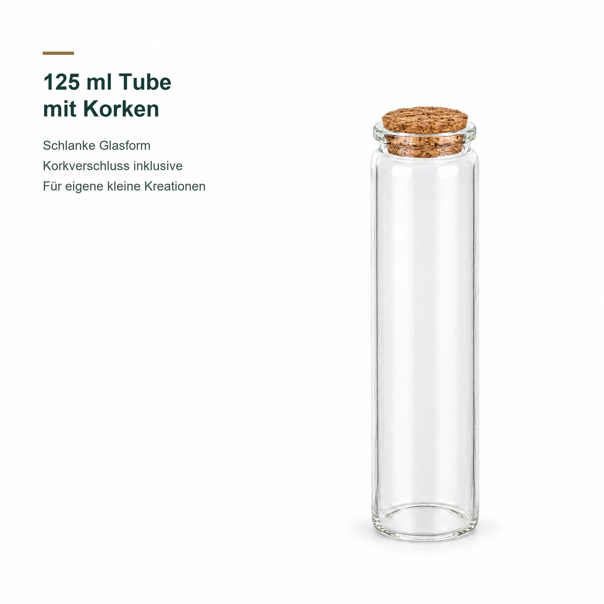 SW10144 – Produkt- und Verschlussansicht, Glasröhrchen, Korkverschluss, Transparentes Glas, Schlanke Form, 125 ml