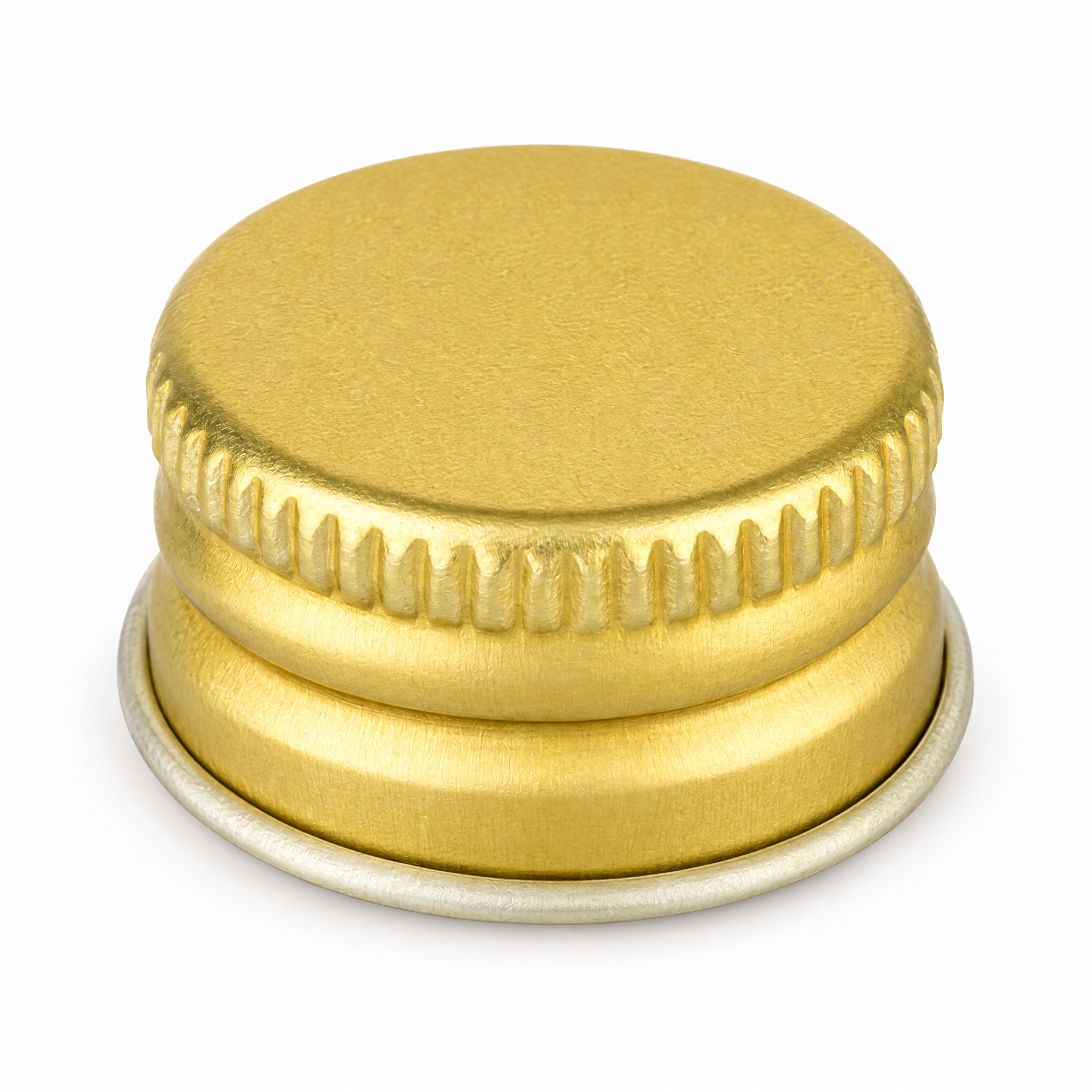 SCR1001 – Produkt- und Verschlussansicht, Rundes Metallgefäß, Goldfarben, Geriffelter Schraubdeckel, Kleine Schale