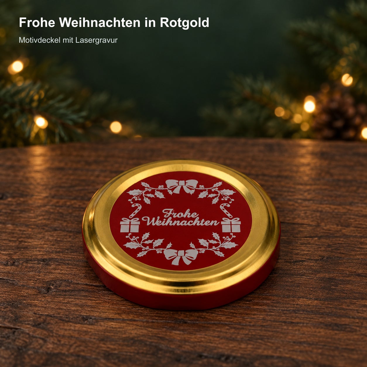 Glas mit Weihnachtsmotivdeckel – RG120, Motivdeckel, Rotgold, Lasergravur, Weihnachtsmotiv, Roter Deckel
