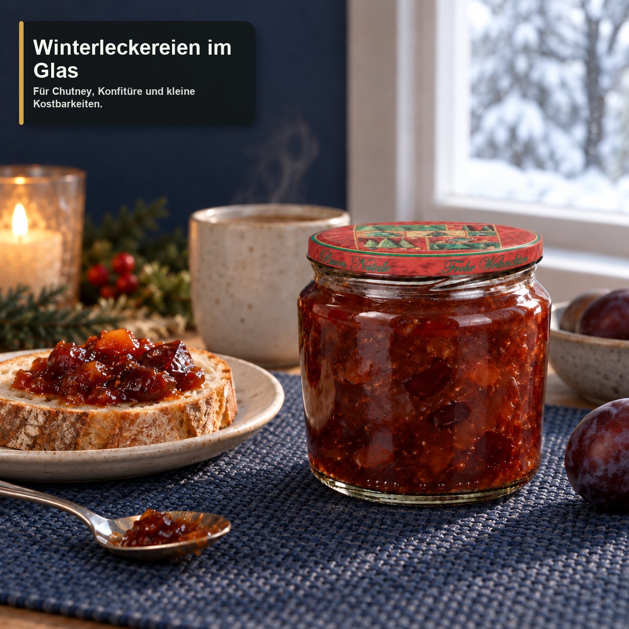 Glas mit Weihnachtsmotivdeckel – Tanne360, Fruchtchutney, Konfitüre im Glas, Roter Fruchtaufstrich, Schraubdeckelglas, Stückige Konsistenz