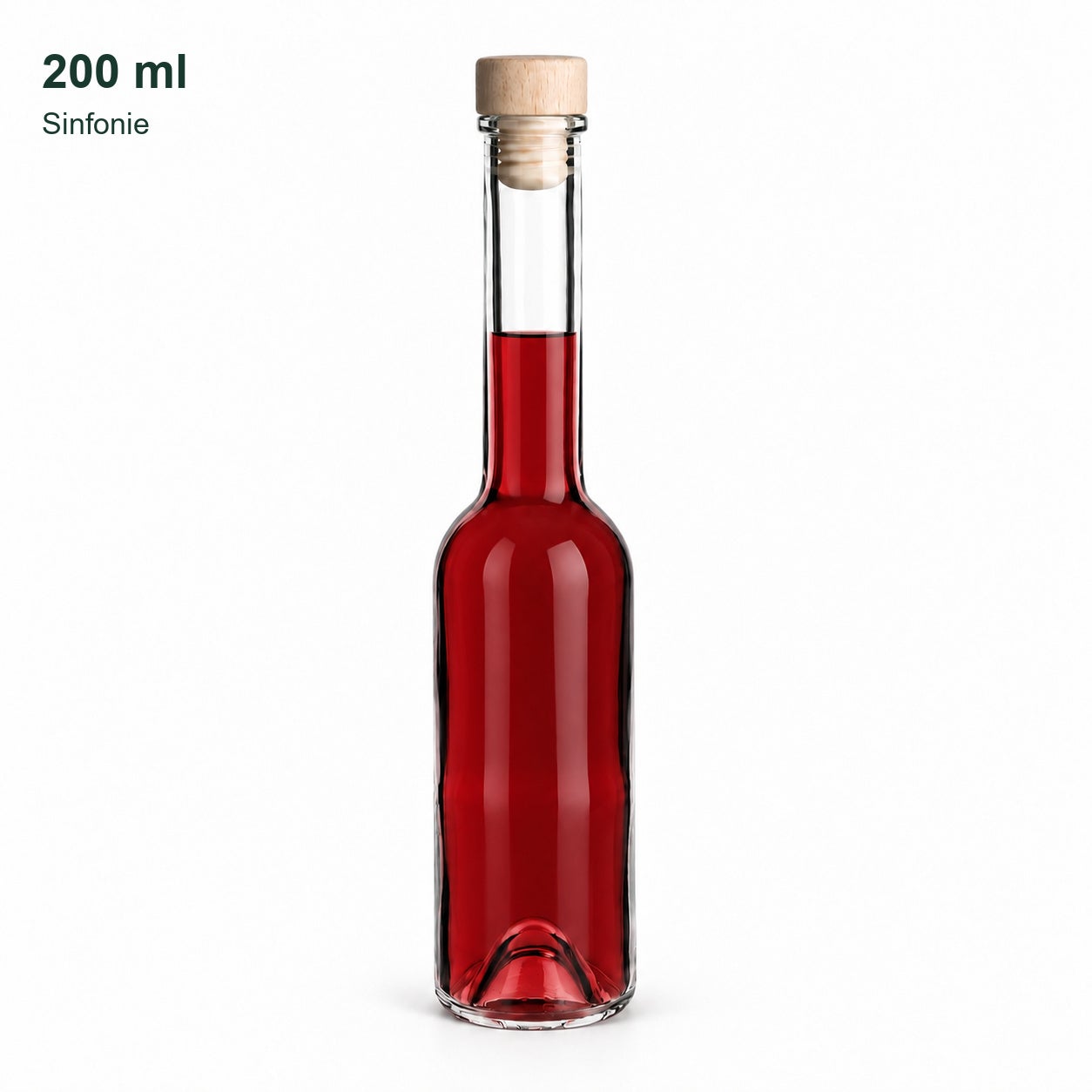 Sinfonie 200 ml gefüllt vor weißem Hintergrund mit neutraler seitlicher Verschlussansicht., glasiert, Flasche, Flasche, roter Inhalt, Holzstopfen