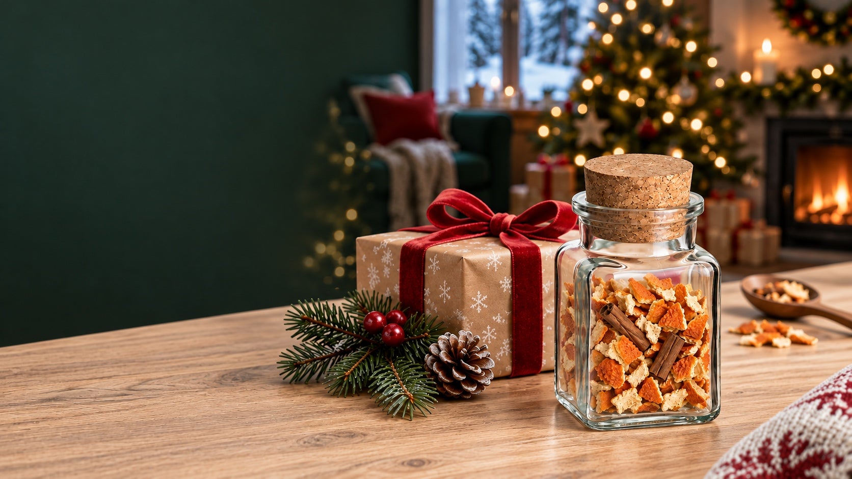 Das kleine 150-ml-Korkenglas mit Orangenschalen und Zimt vor Weihnachtsbaum und winterlichem Fenster
