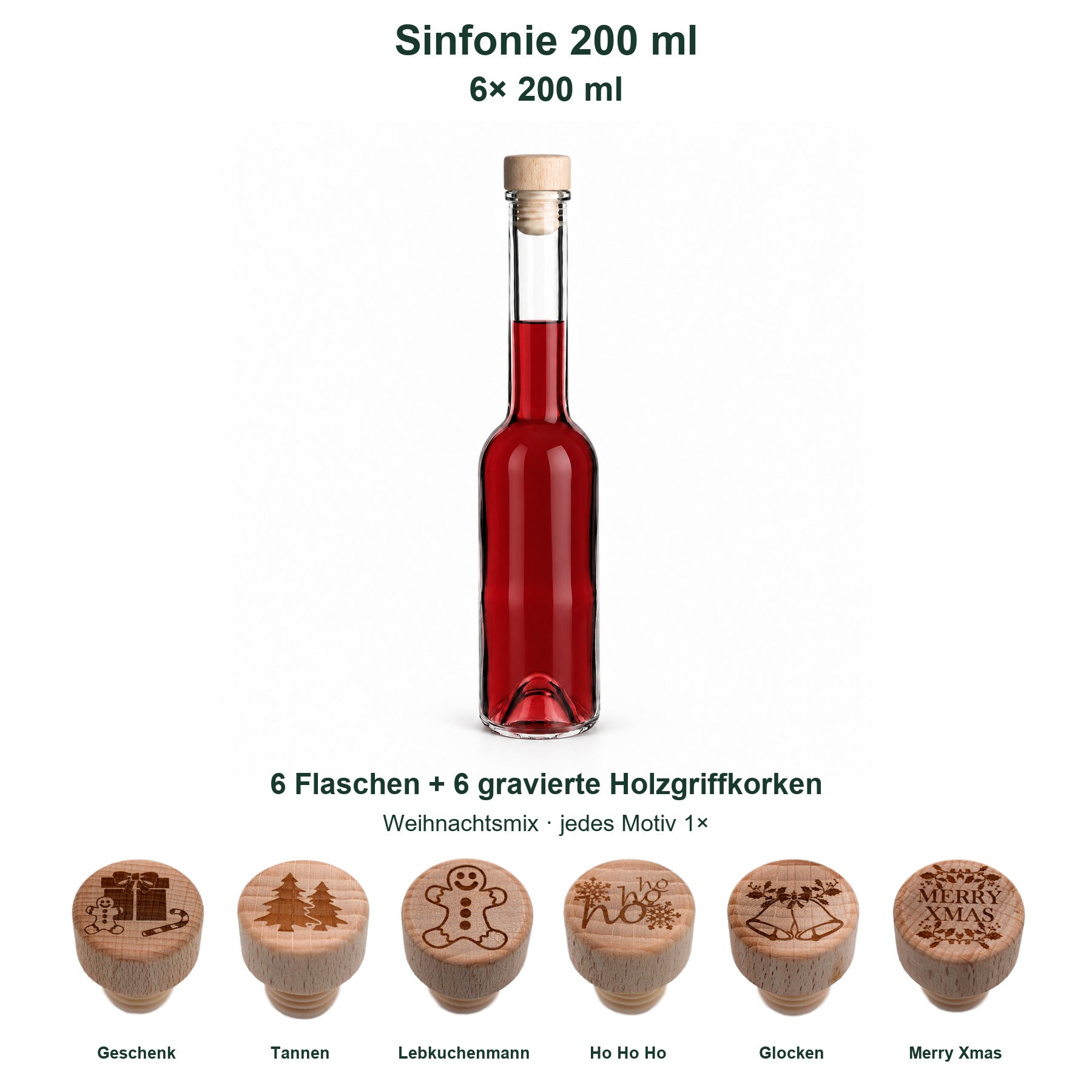 6er-Set Sinfonie 200 ml mit gravierten Holzgriffkorken: gefüllte Flasche auf Weiß, Weihnachtsmix und vollständige Motivverteilung., Flasche, Rotwein, Holzstopfen, 6er-Set, Weihnachtsmotive