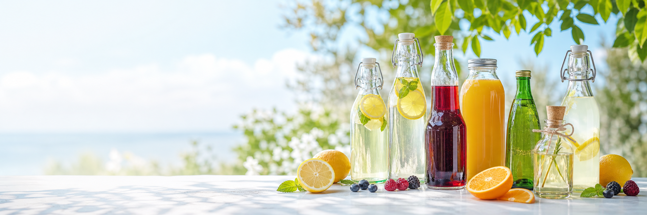 Helle sommerliche Auswahl verschiedener Glasflaschen