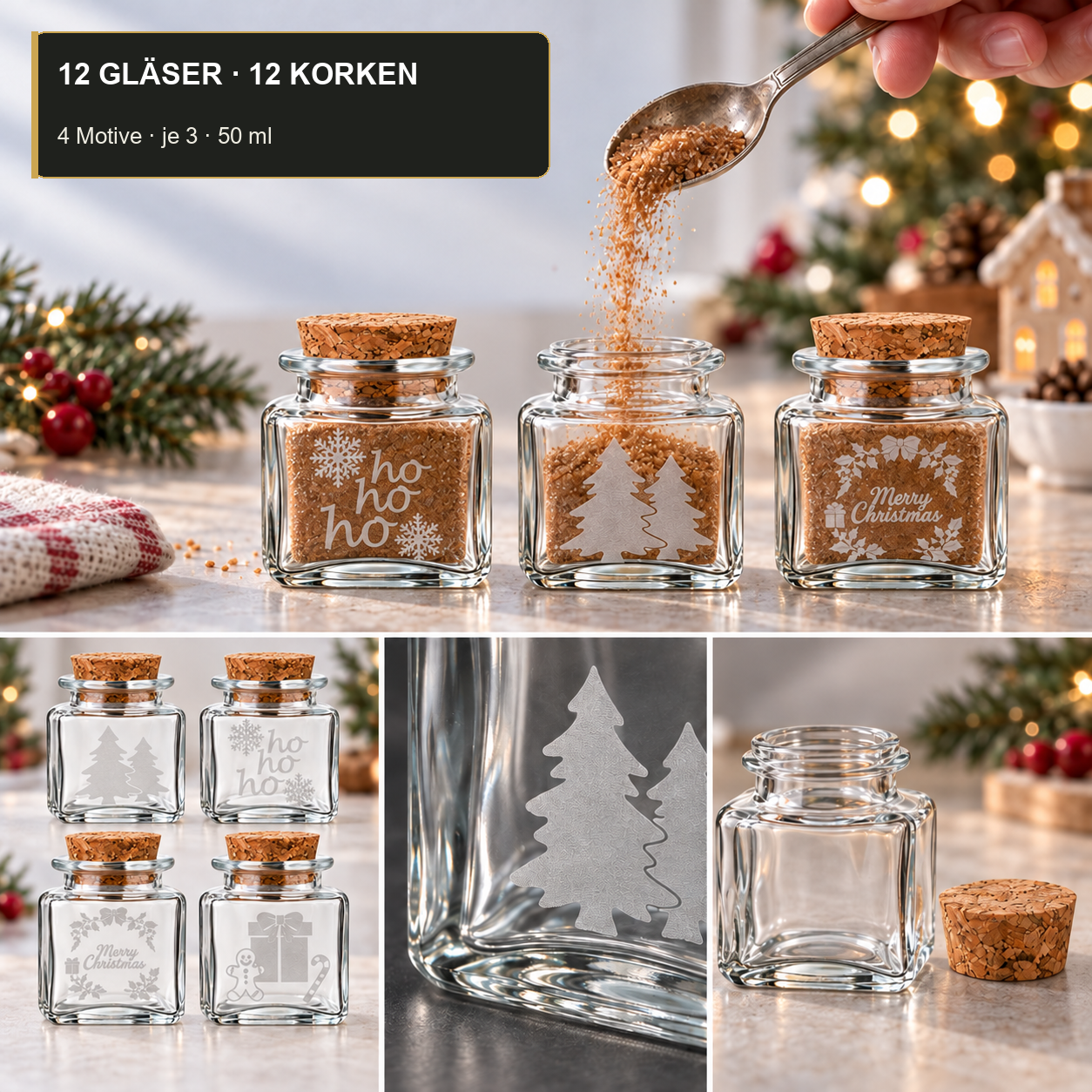 KorkenglasQuadrat50 ml · Anwendungsbeispiel, leere Lieferung, glasgefäß, gewürzgläser, korkdeckel, weihnachtsdeko, sand glitter