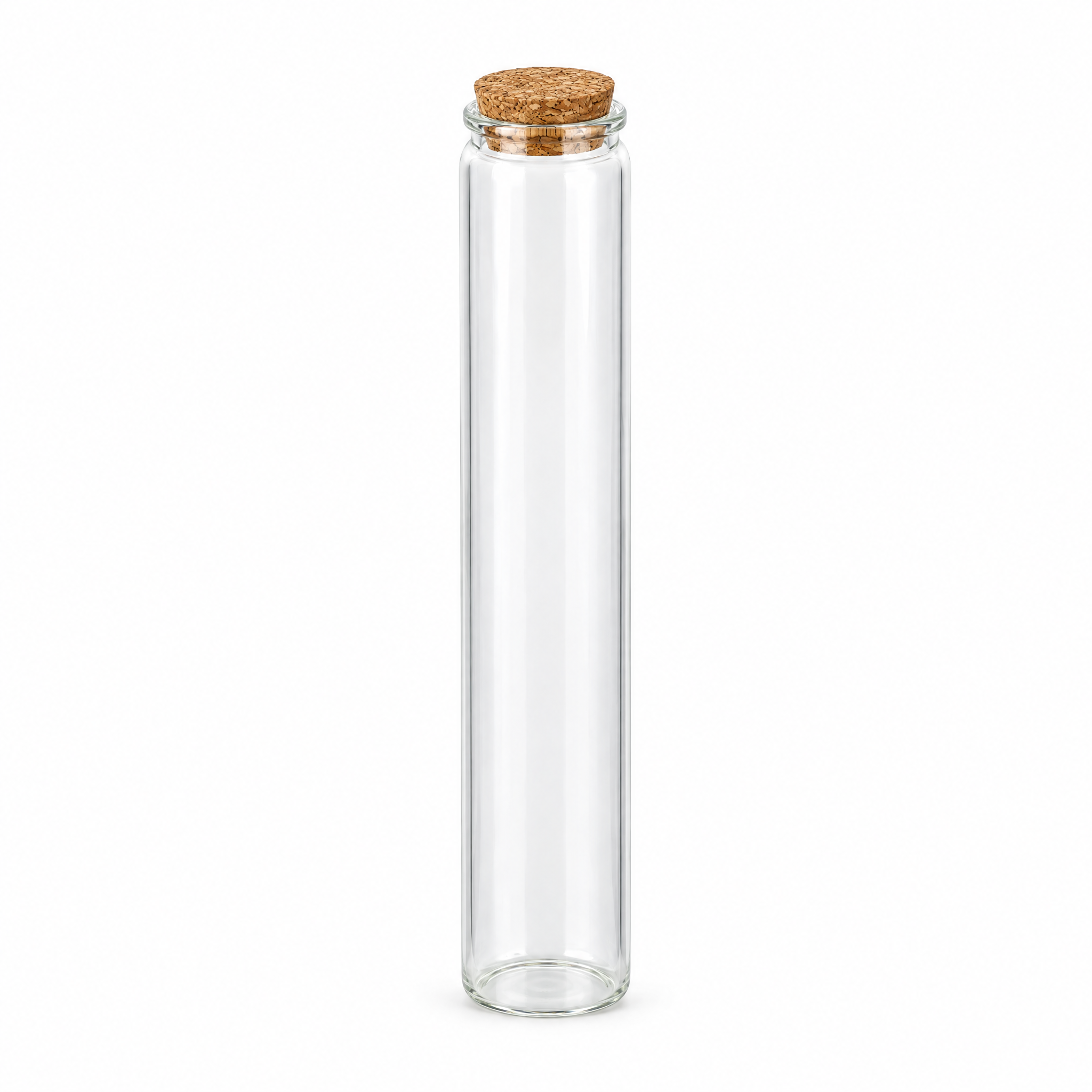 SW10145 – Produkt- und Verschlussansicht, Glasflasche, Korkverschluss, transparentes Glas, schlanke Form