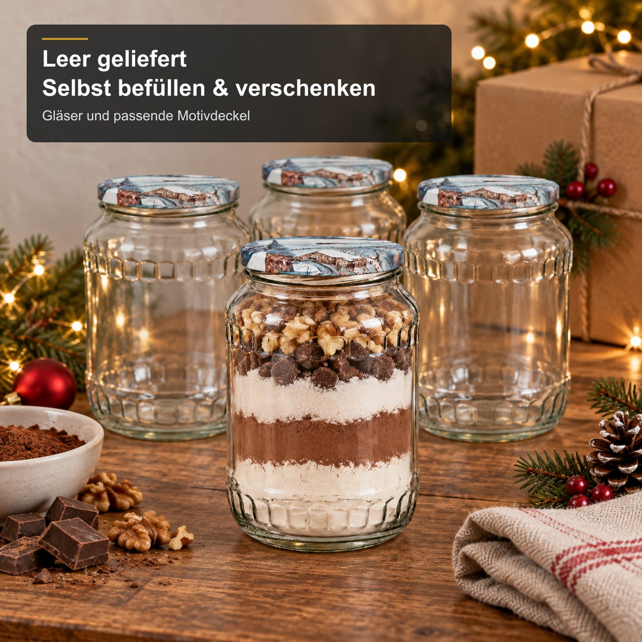 Glas mit Weihnachtsmotivdeckel – Winter720, Vorratsgläser, Glas, Motivdeckel, Schraubdeckel, geriffelte Oberfläche