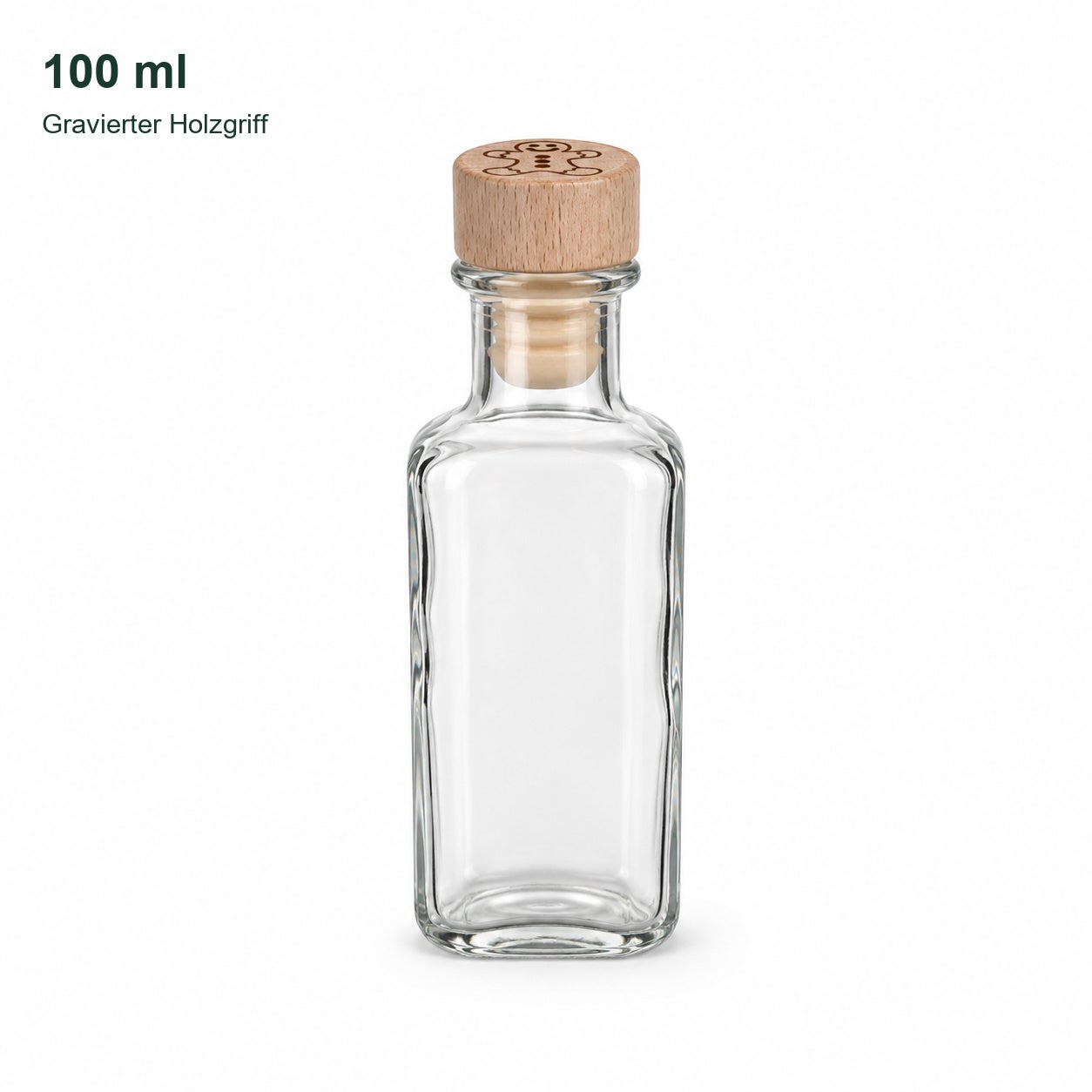 Leere Apotheker eckig 100 ml-Flasche mit graviertem Holzgriffkorken: Form, Hals und klares Glas., Glasflasche, Glaskaraffe, Holzgriff, 100 ml, Gravierter Deckel