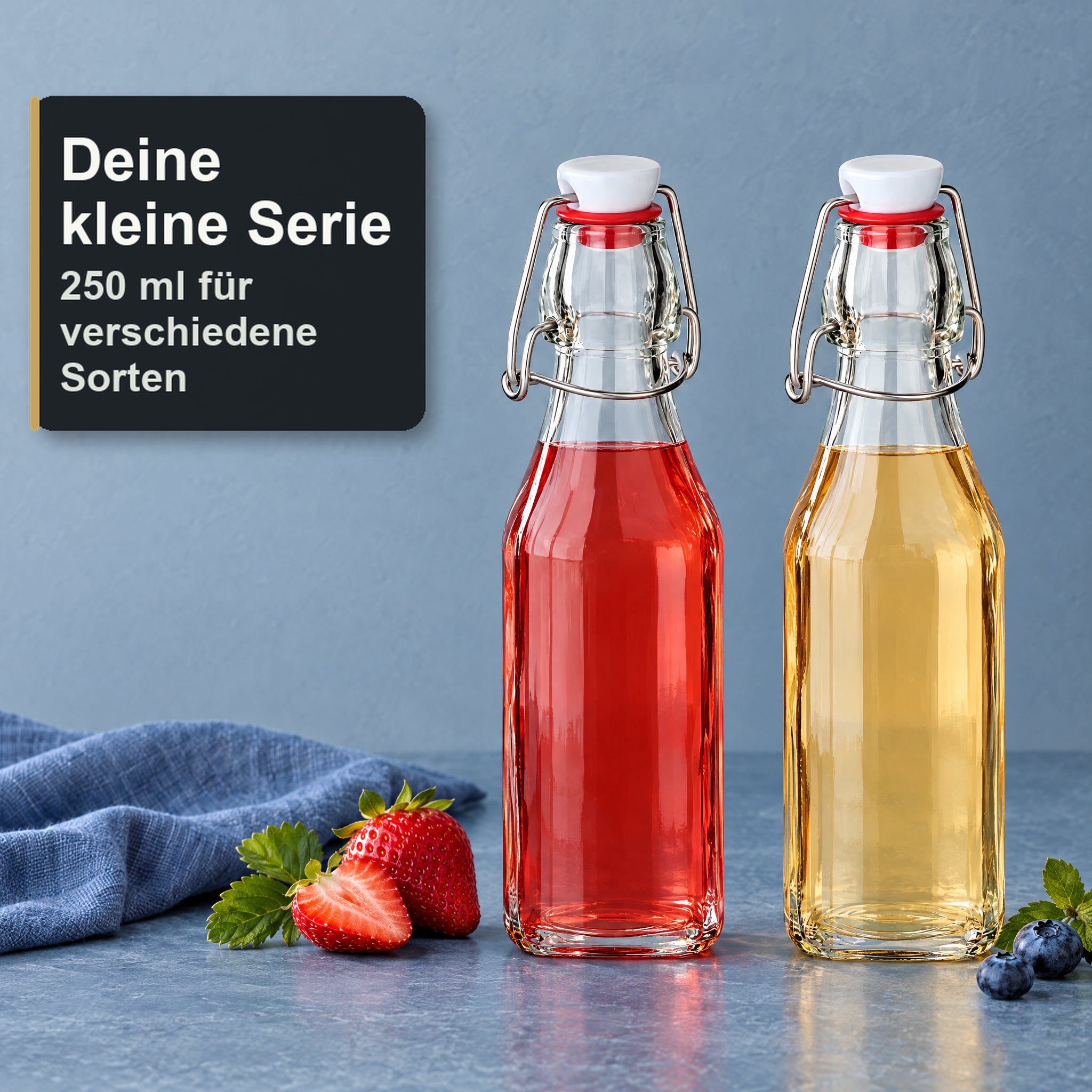 Bügelflasche 250 ml eckig, mit Bügelverschluss