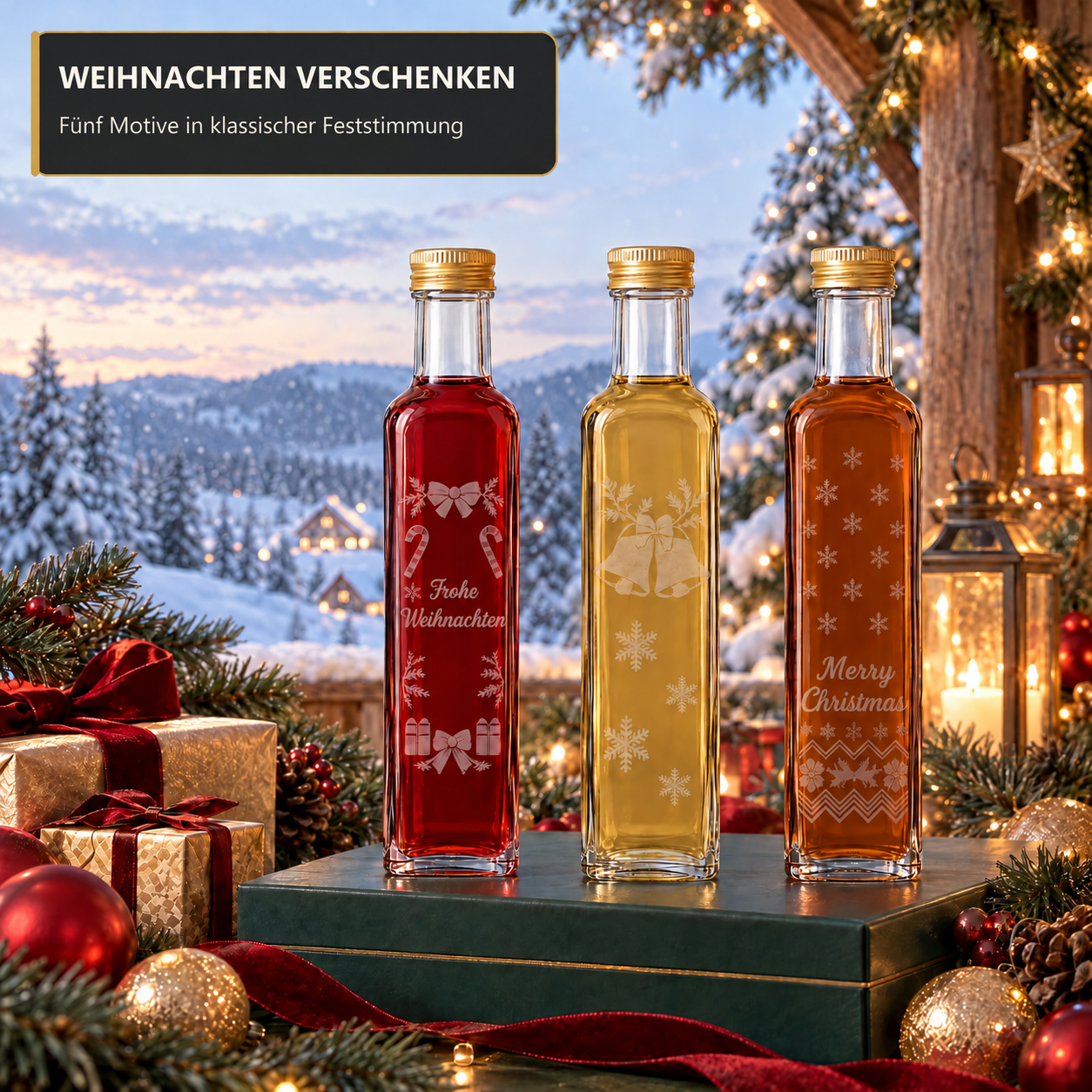 Weihnachtliche Maraska-Flaschen mit feiner Glasgravur