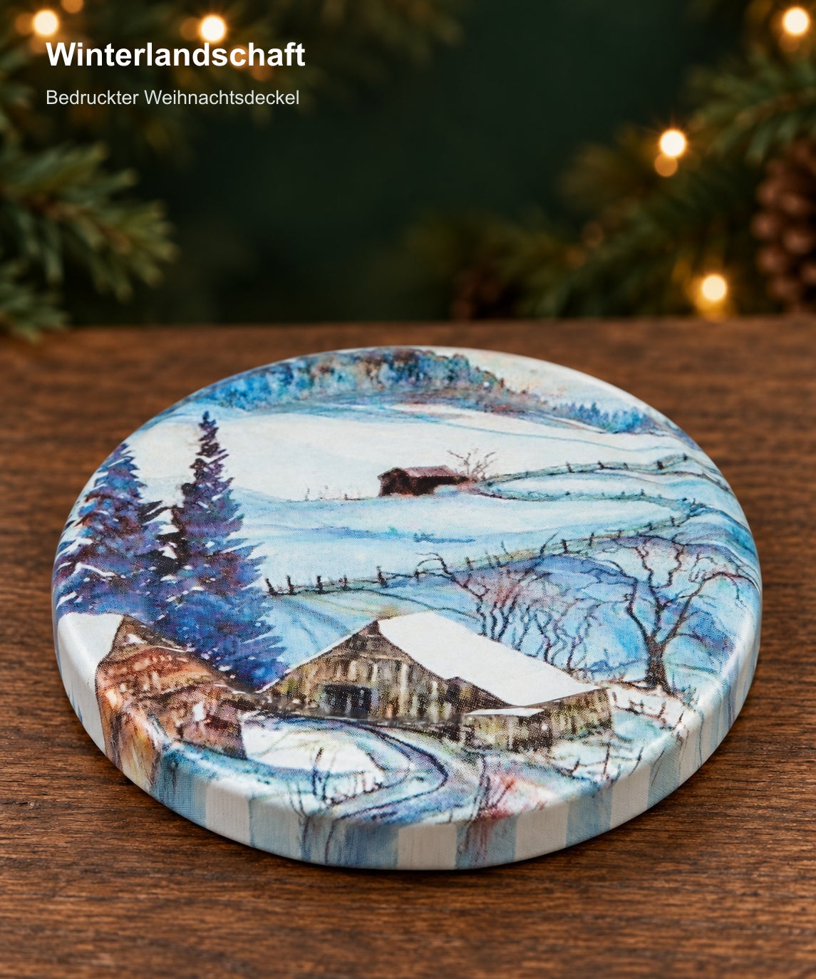 Glas mit Weihnachtsmotivdeckel – Winter230, Weihnachtsdeckel, Winterlandschaft, Schneelandschaft, Blau-weiß, Weihnachtsmotiv