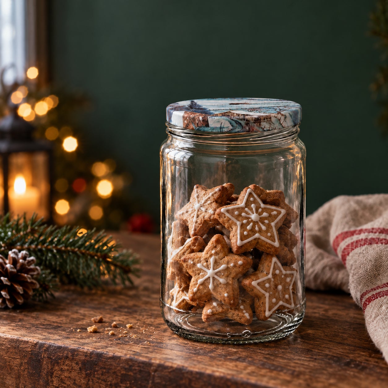 Glas mit Weihnachtsmotivdeckel – Winter580, Vorratsglas, Klarglas, Schraubdeckel, Marmormuster, Keksdose