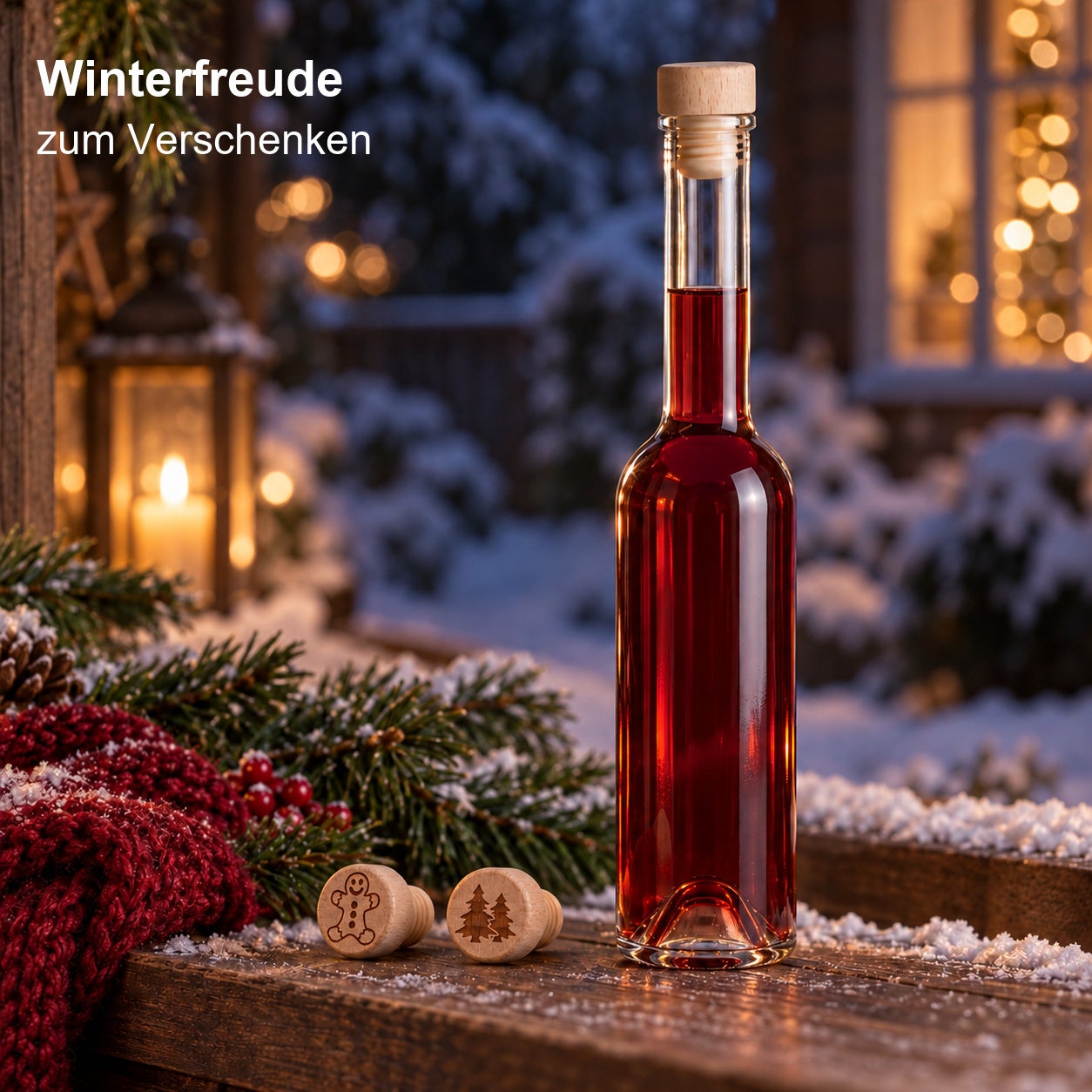 Sinfonieflasche mit gravierten Holzgriffen in einer winterlichen Szene mit Schnee und Laternenlicht