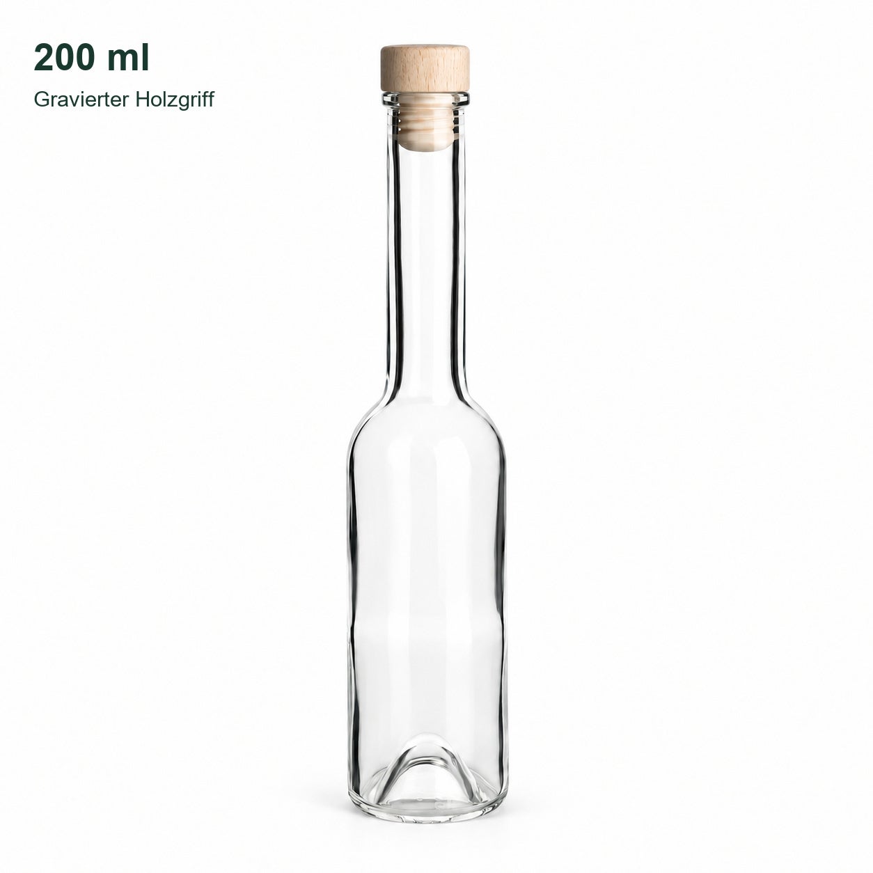 Leere Sinfonie 200 ml-Flasche mit graviertem Holzgriffkorken: Form, Hals und klares Glas., Glasflasche, Schraubverschluss, Holzdeckel, 200 ml, Gravierter Griff