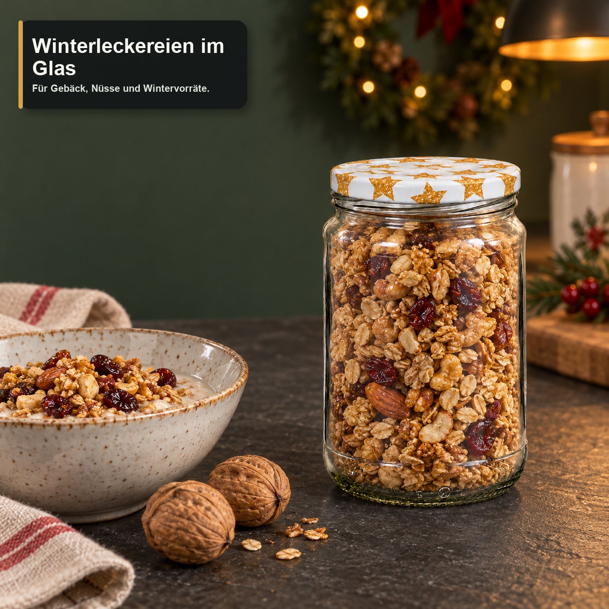 Glas mit Weihnachtsmotivdeckel – Sterne580, Vorratsglas, Glasbehälter, Schraubdeckel, Sternenmuster, Wintermotiv